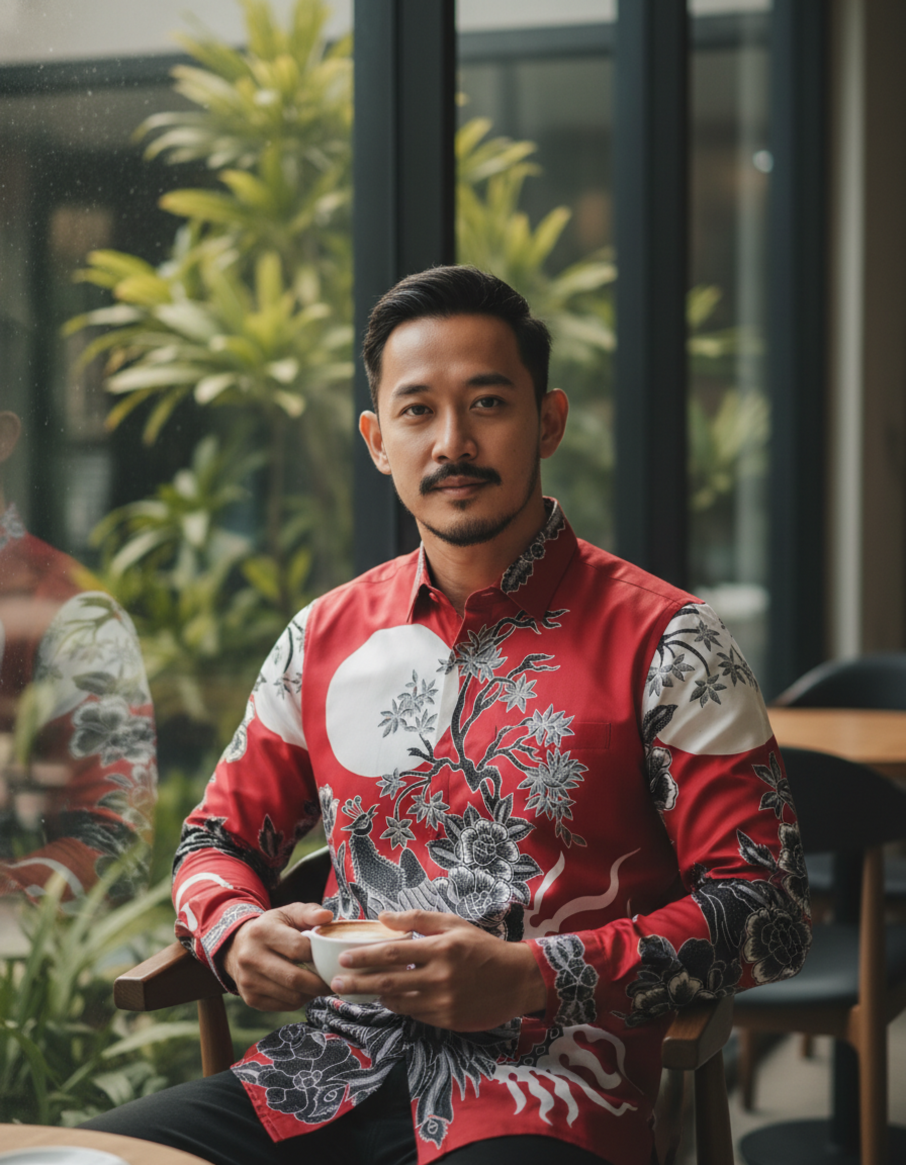 Pola kemeja batik tulis motif Burung Hong merah di bawah purnama, bahan katun primissima, memancarkan aura wibawa dan keanggunan.