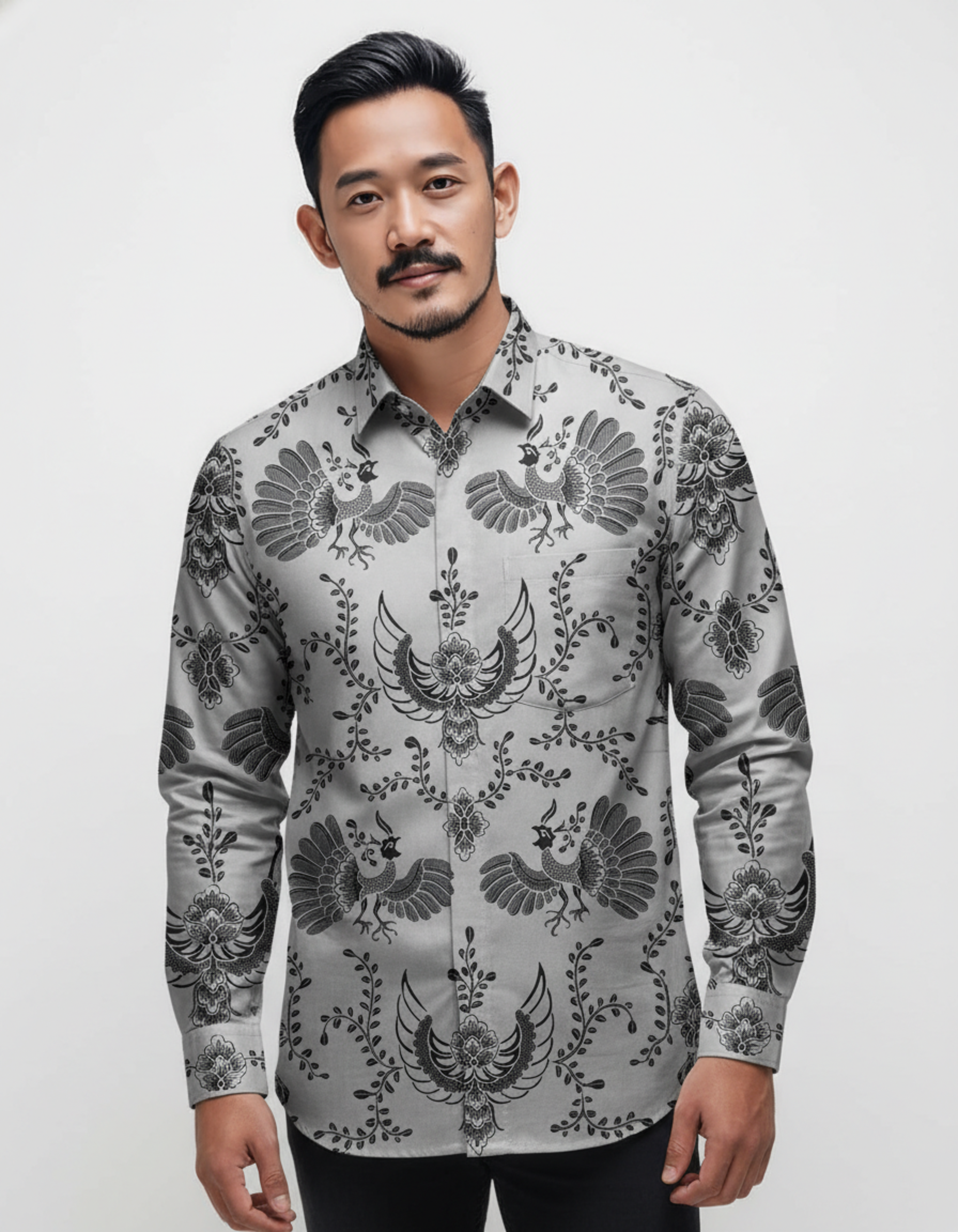 Kain batik pola kemeja motif burung Paksi warna abu-abu di atas kain katun primissima, menampilkan nuansa elegan dan berwibawa.