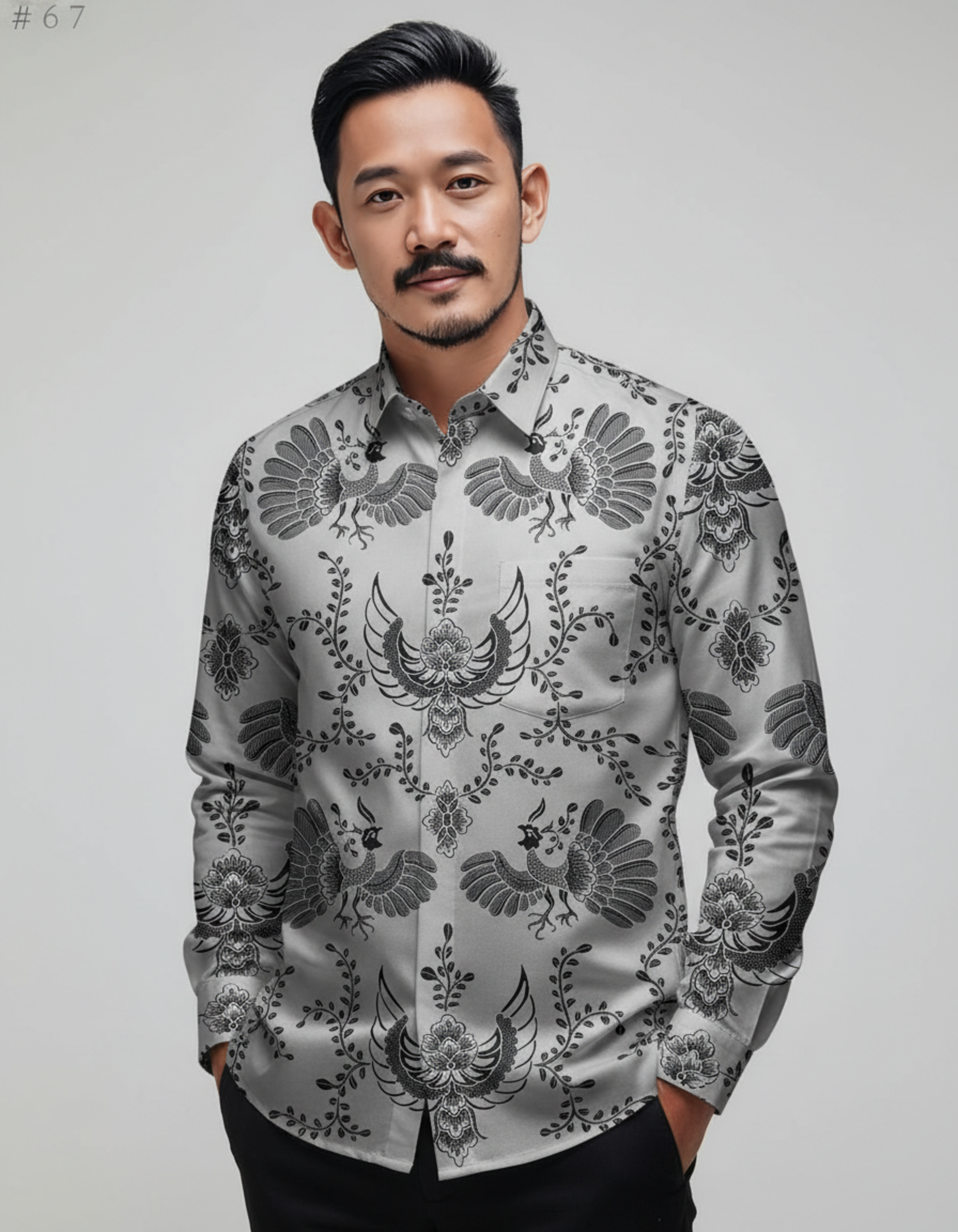Kain batik pola kemeja motif burung Paksi warna abu-abu di atas kain katun primissima, menampilkan nuansa elegan dan berwibawa.