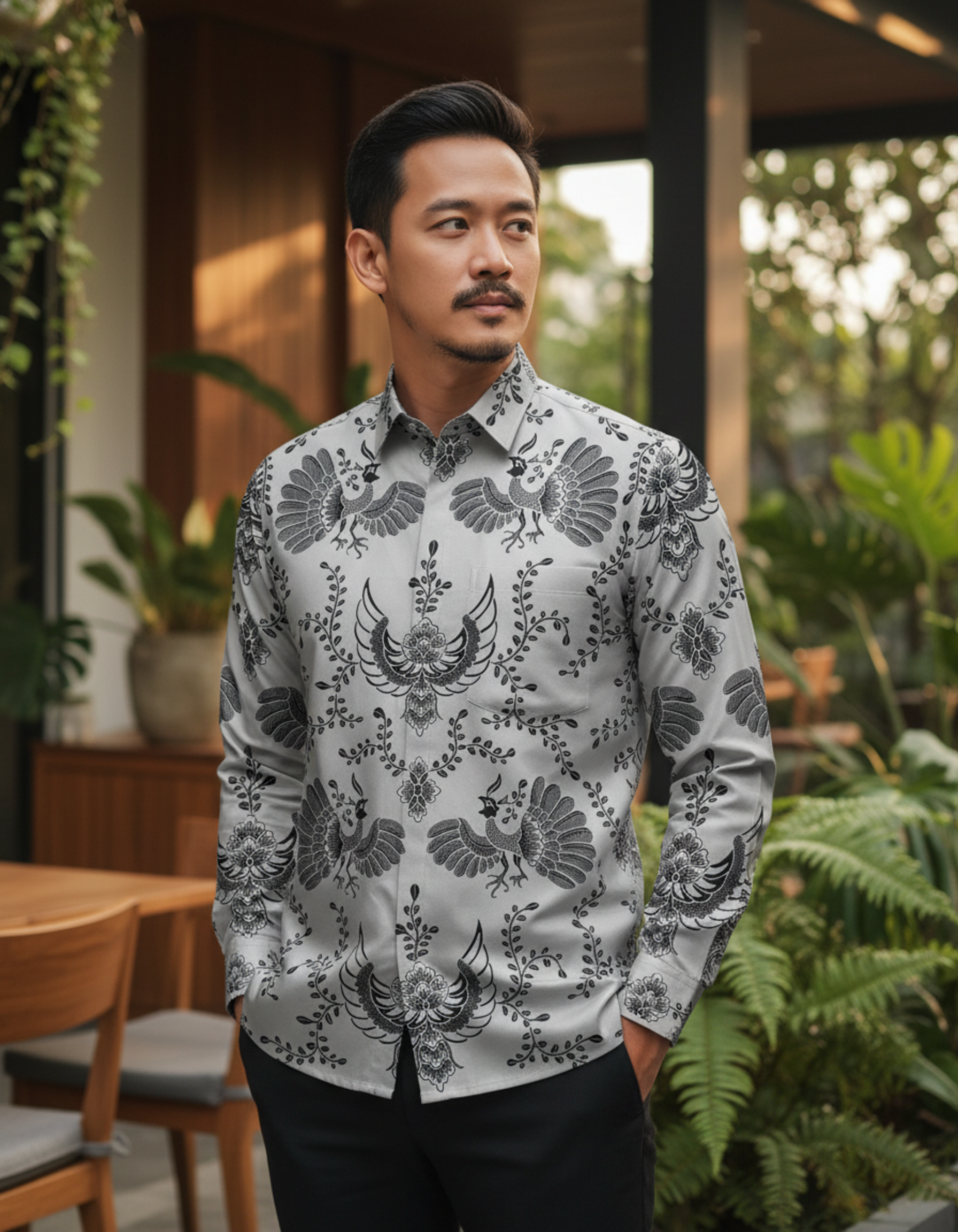 Kain batik pola kemeja motif burung Paksi warna abu-abu di atas kain katun primissima, menampilkan nuansa elegan dan berwibawa.