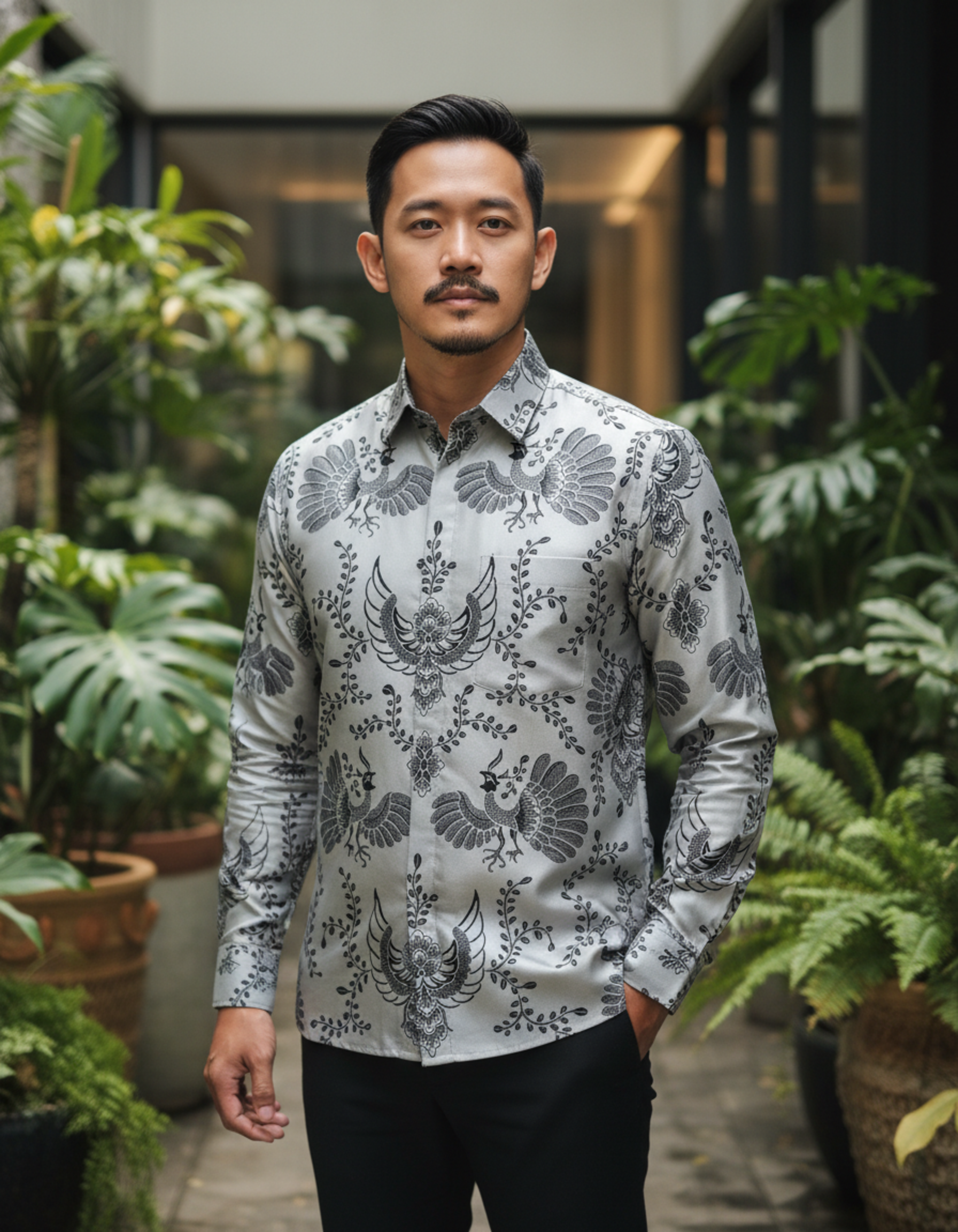Kain batik pola kemeja motif burung Paksi warna abu-abu di atas kain katun primissima, menampilkan nuansa elegan dan berwibawa.