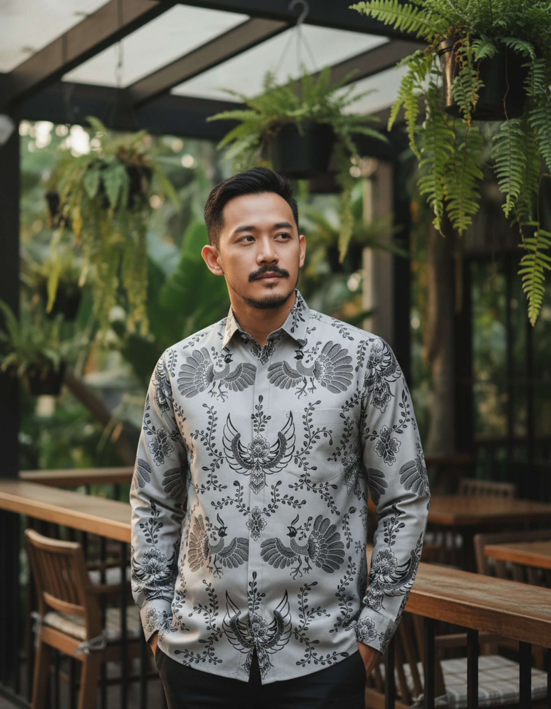Kain batik pola kemeja motif burung Paksi warna abu-abu di atas kain katun primissima, menampilkan nuansa elegan dan berwibawa.