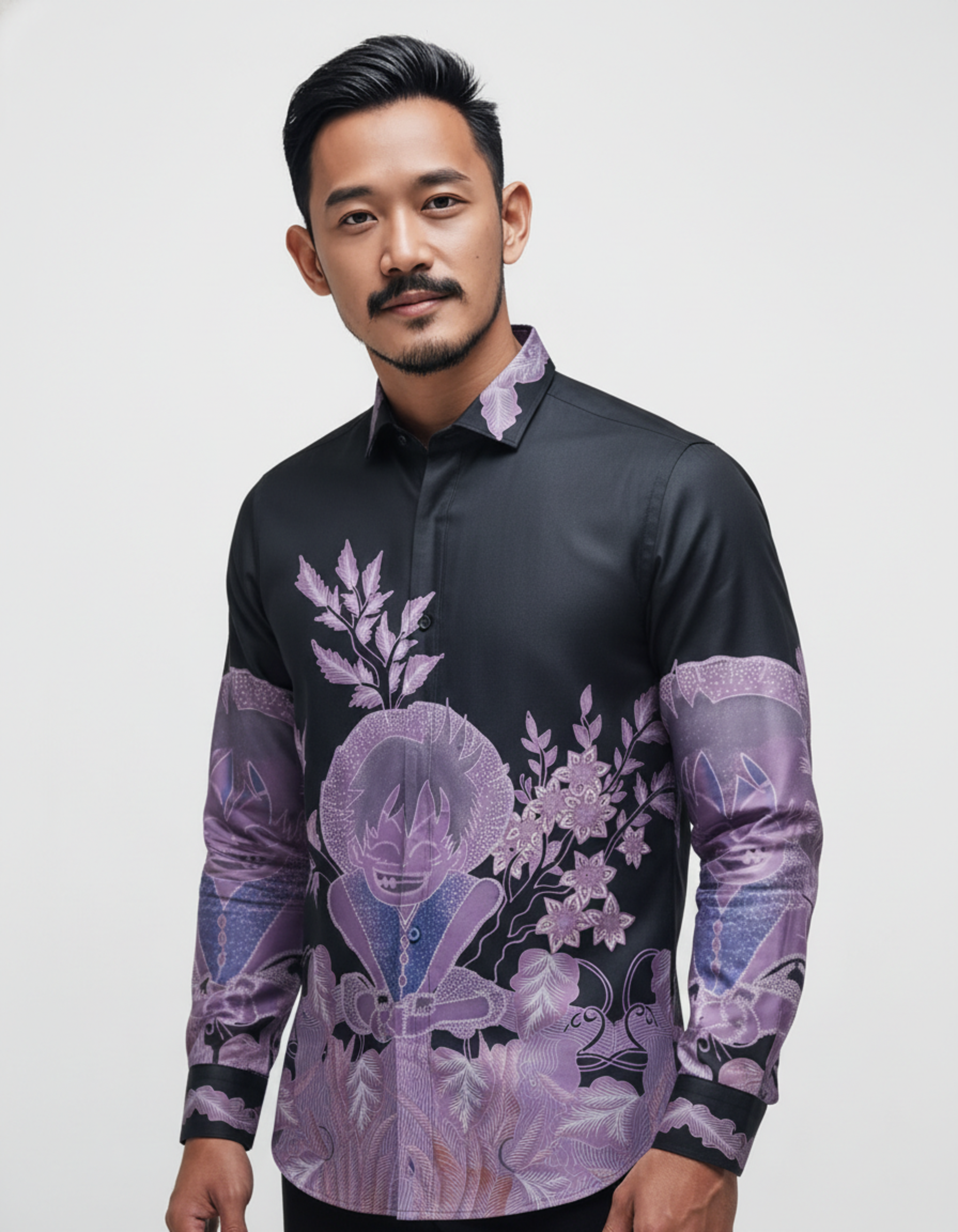Pola kemeja batik tulis dengan motif karakter petualang dalam nuansa ungu di atas kain hitam premium.