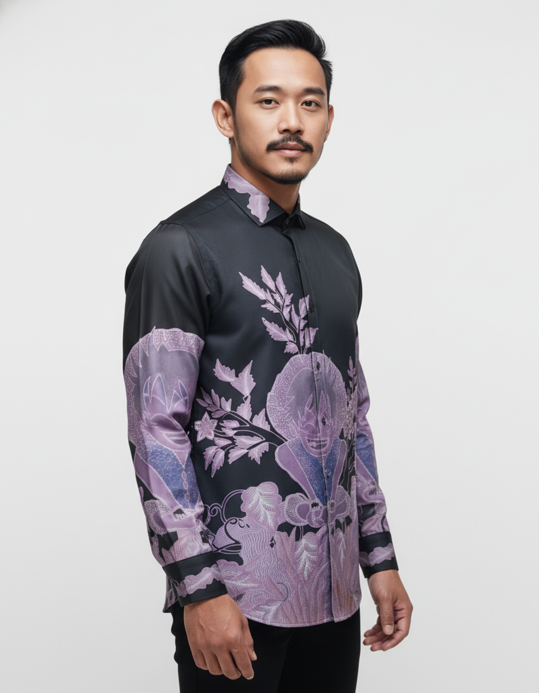 Kain batik tulis pola kemeja dengan motif Jaga Rasa berwarna ungu lembut di atas katun primissima hitam.