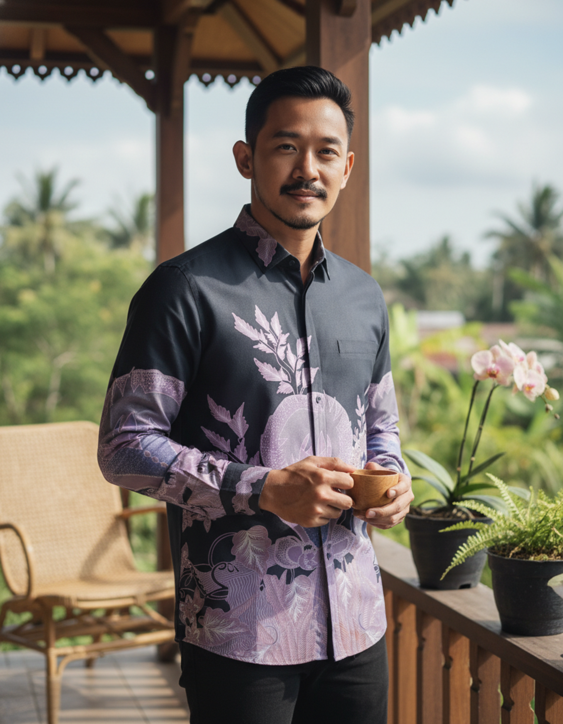 Kain batik tulis pola kemeja dengan motif Jaga Rasa berwarna ungu lembut di atas katun primissima hitam.