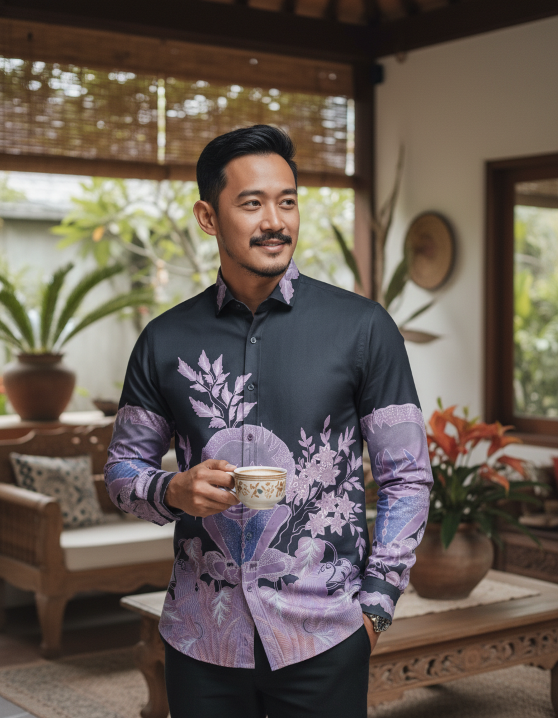 Kain batik tulis pola kemeja dengan motif Jaga Rasa berwarna ungu lembut di atas katun primissima hitam.