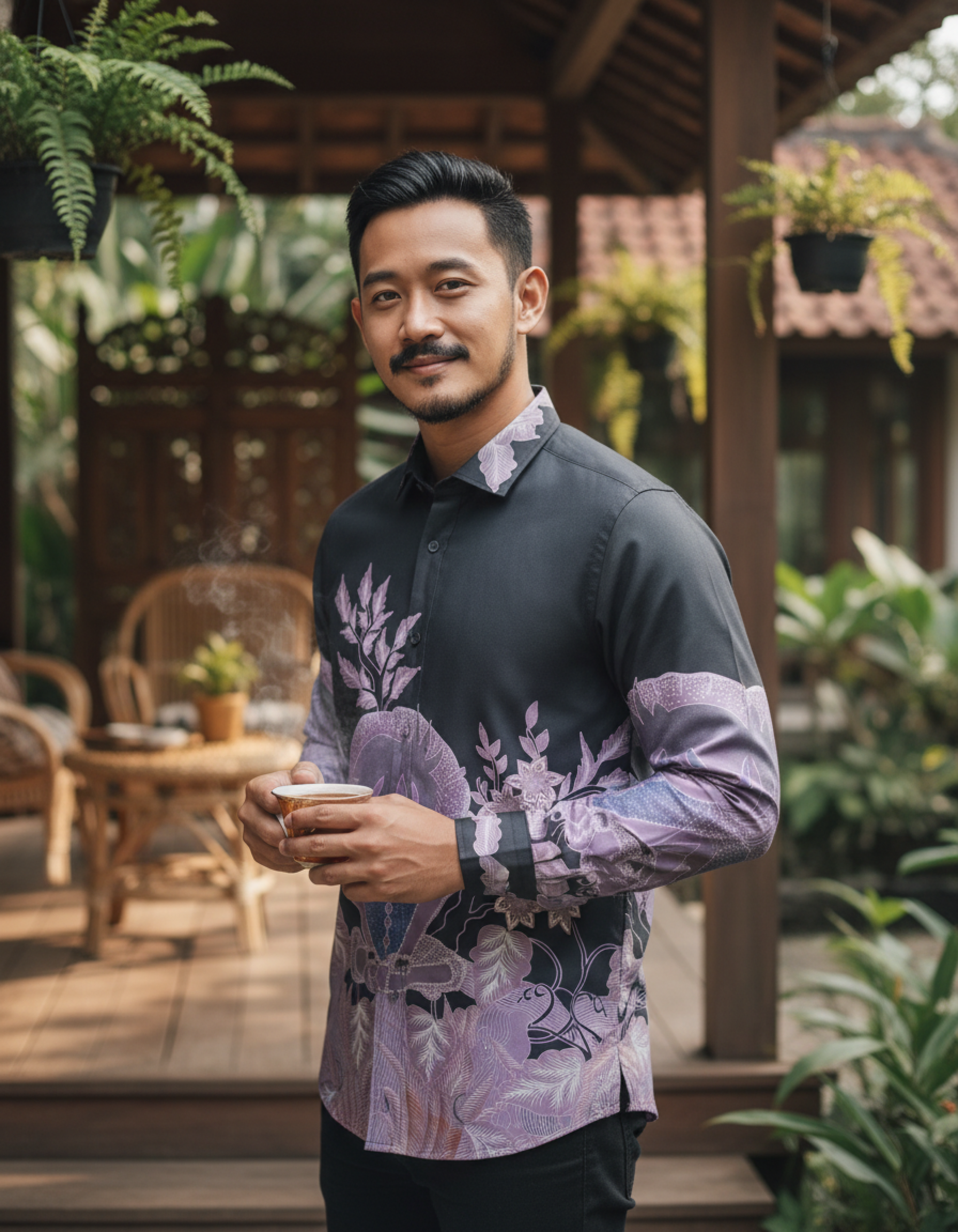 Kain batik tulis pola kemeja dengan motif Jaga Rasa berwarna ungu lembut di atas katun primissima hitam.