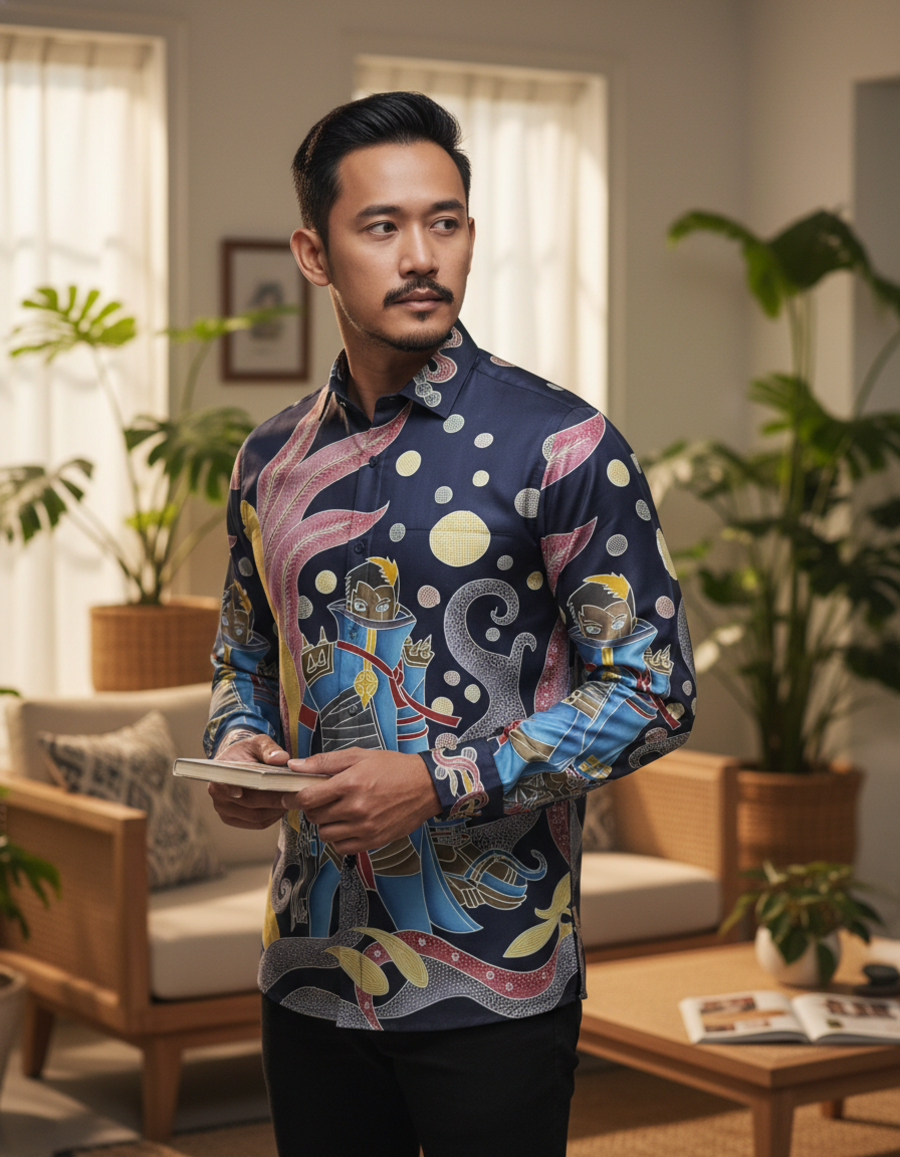 Kain batik pola kemeja dengan motif ksatria futuristik berwarna biru dan kuning, dilukis tangan di atas bahan katun yang halus.