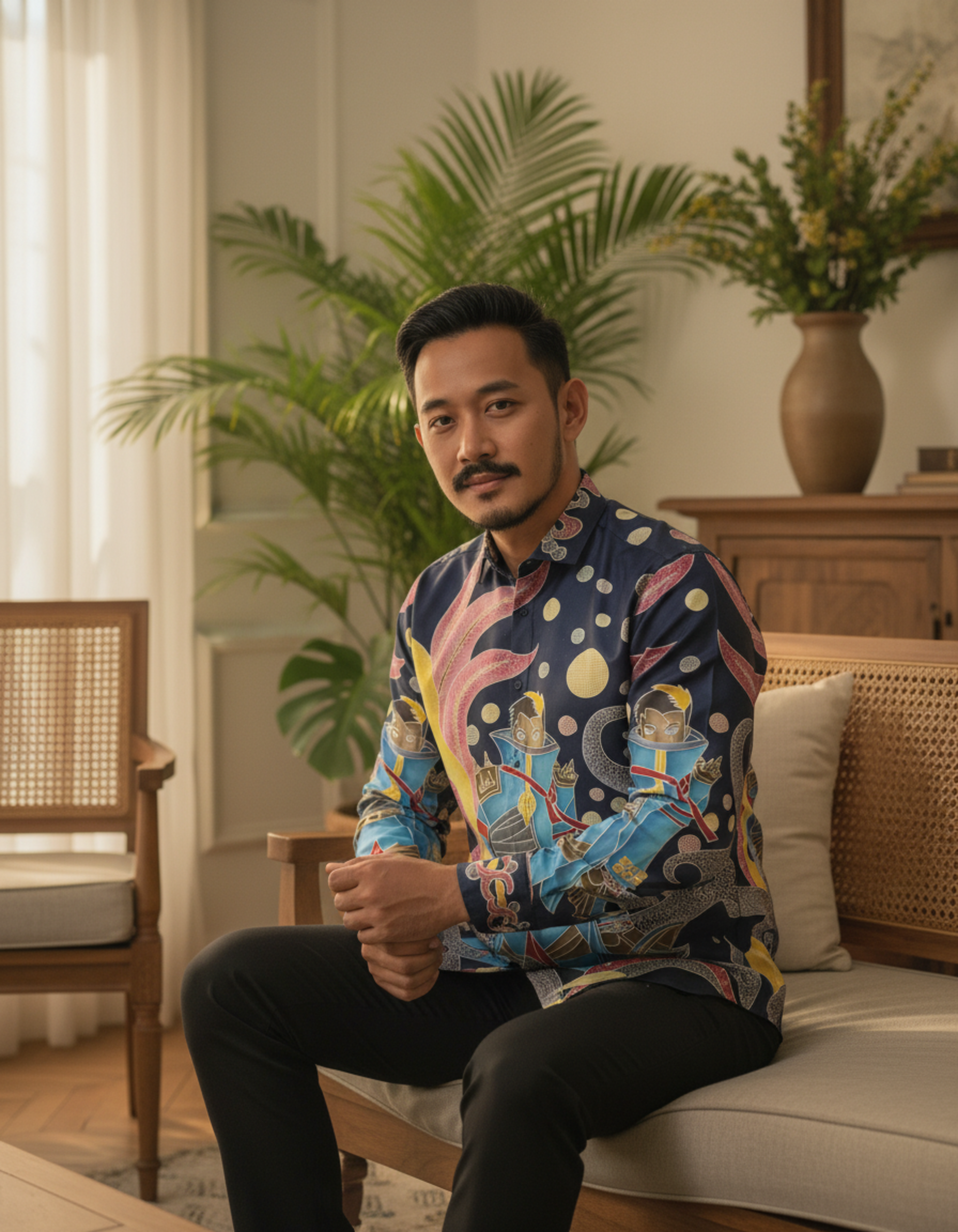 Kain batik pola kemeja dengan motif ksatria futuristik berwarna biru dan kuning, dilukis tangan di atas bahan katun yang halus.