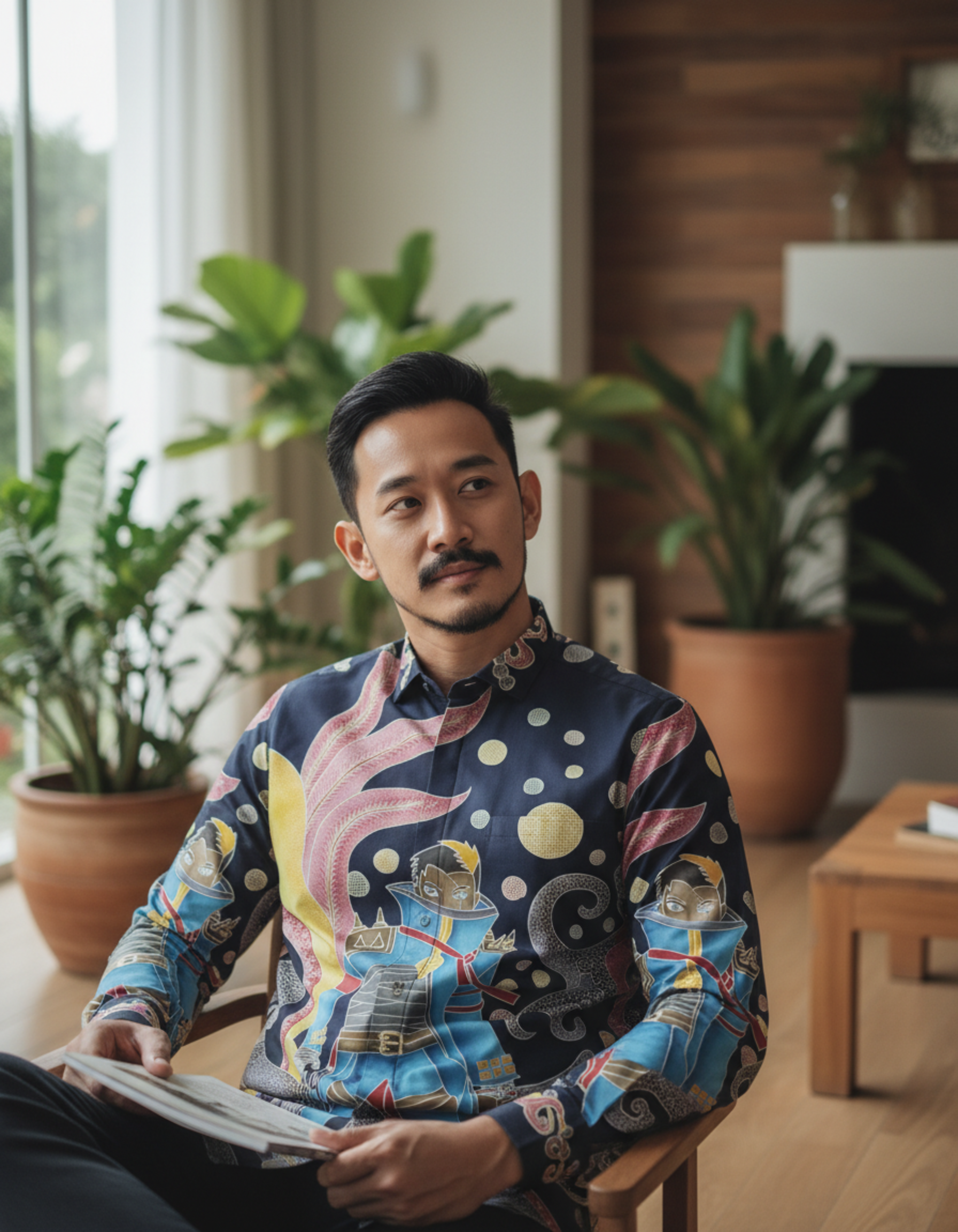 Kain batik pola kemeja dengan motif ksatria futuristik berwarna biru dan kuning, dilukis tangan di atas bahan katun yang halus.