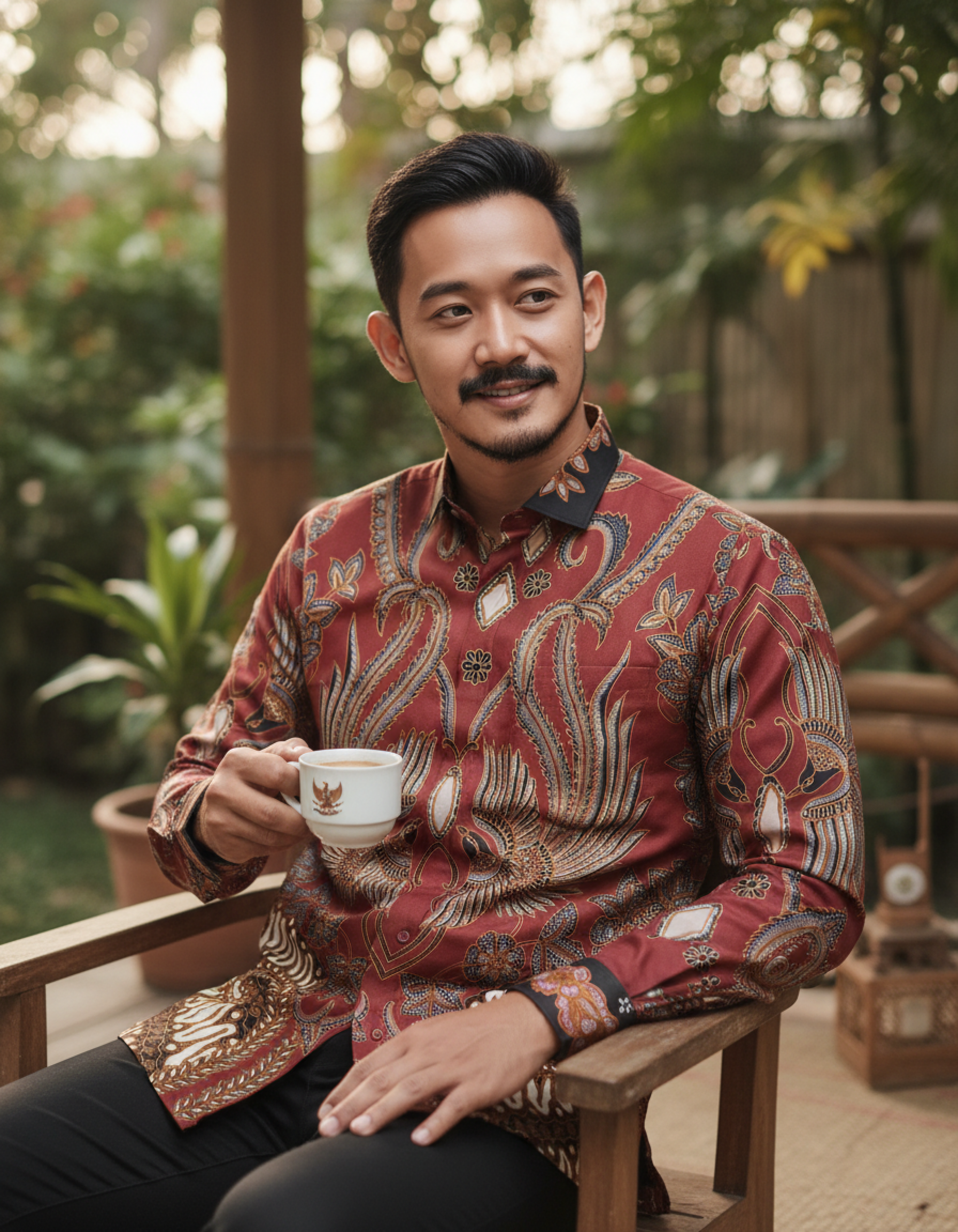 Kain batik tulis pola kemeja motif Garuda berwarna merah bara, memancarkan nuansa wibawa dan kehangatan klasik.