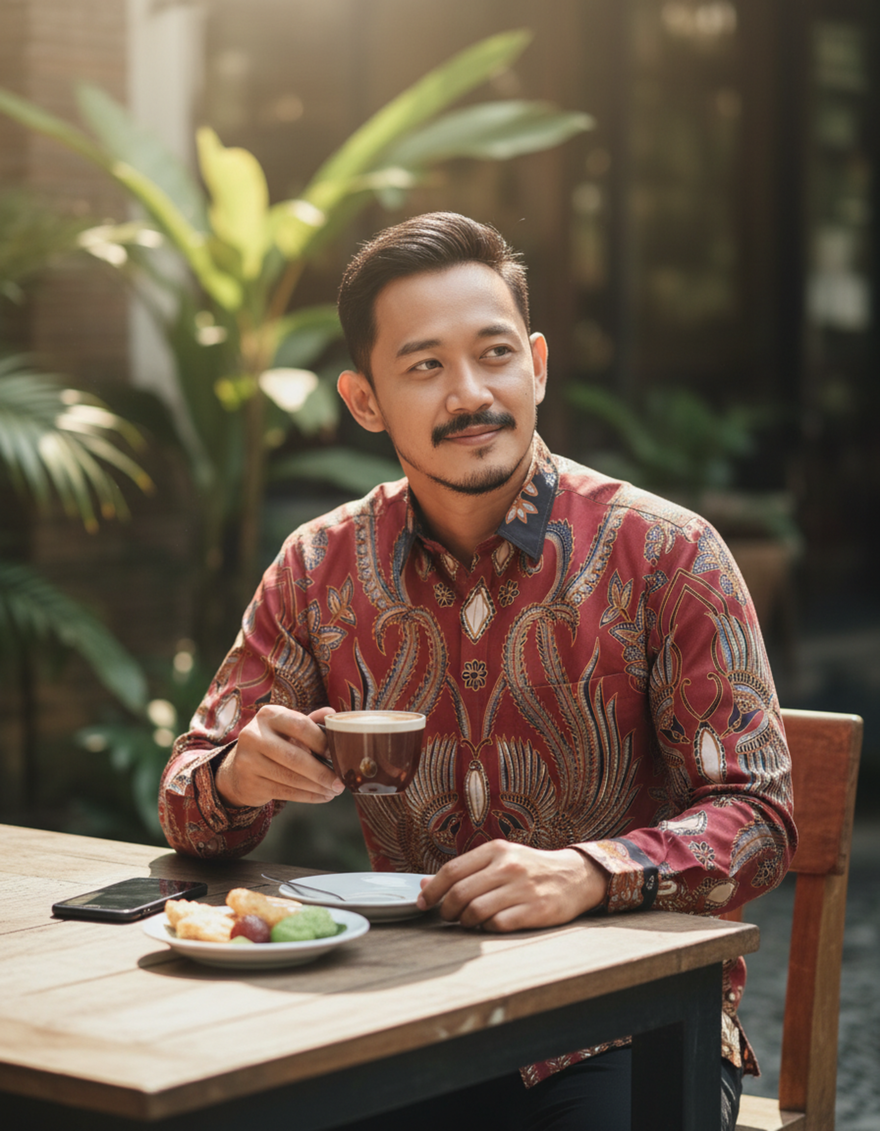 Kain batik tulis pola kemeja motif Garuda berwarna merah bara, memancarkan nuansa wibawa dan kehangatan klasik.