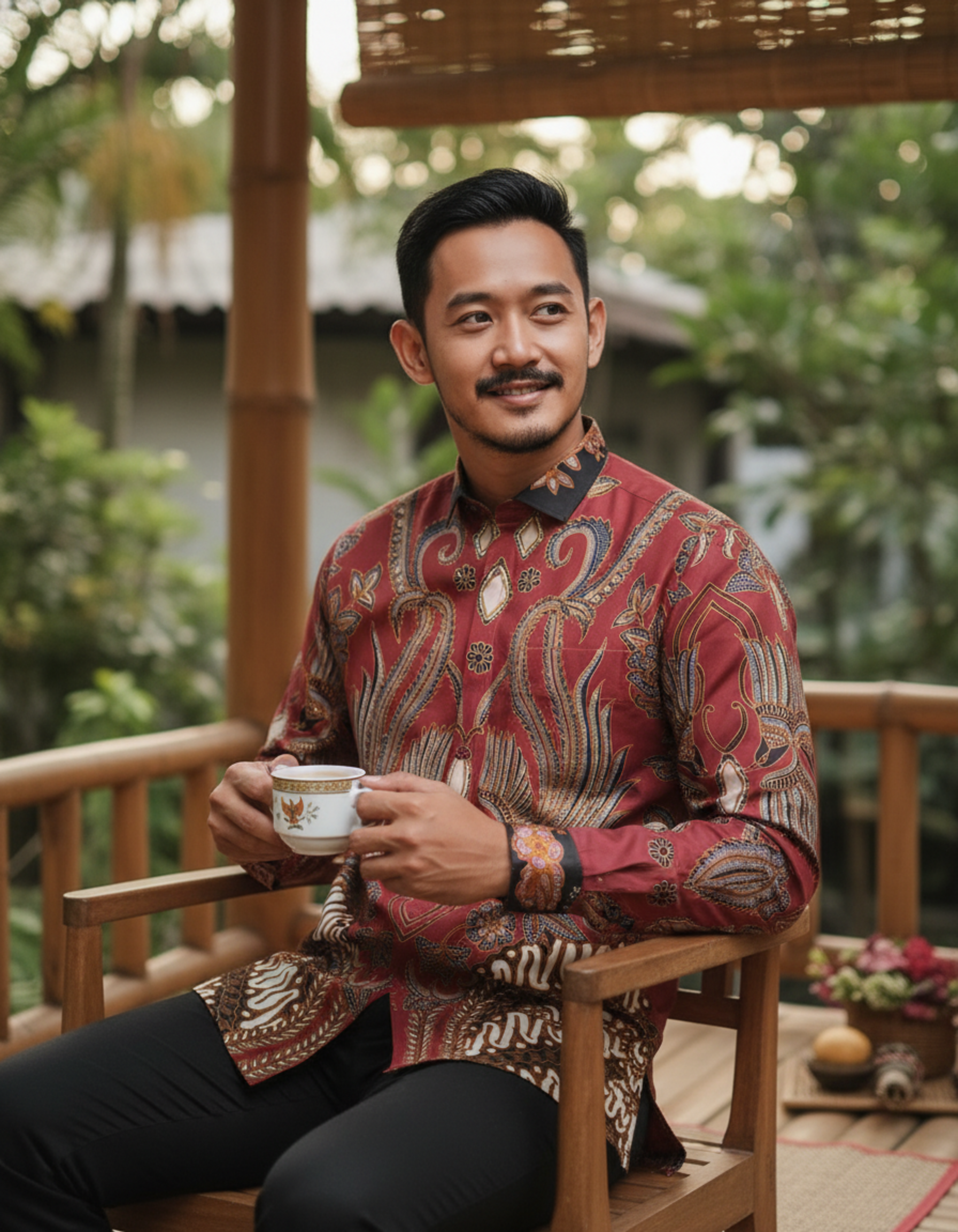 Kain batik tulis pola kemeja motif Garuda berwarna merah bara, memancarkan nuansa wibawa dan kehangatan klasik.