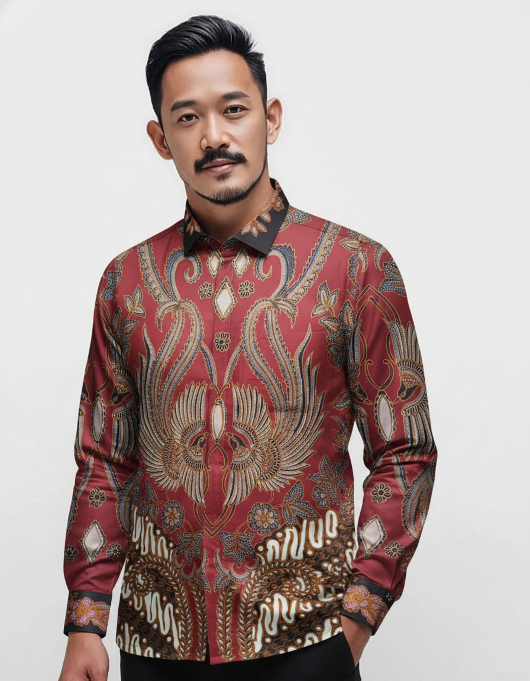 Kain batik tulis pola kemeja motif Garuda berwarna merah bara, memancarkan nuansa wibawa dan kehangatan klasik.