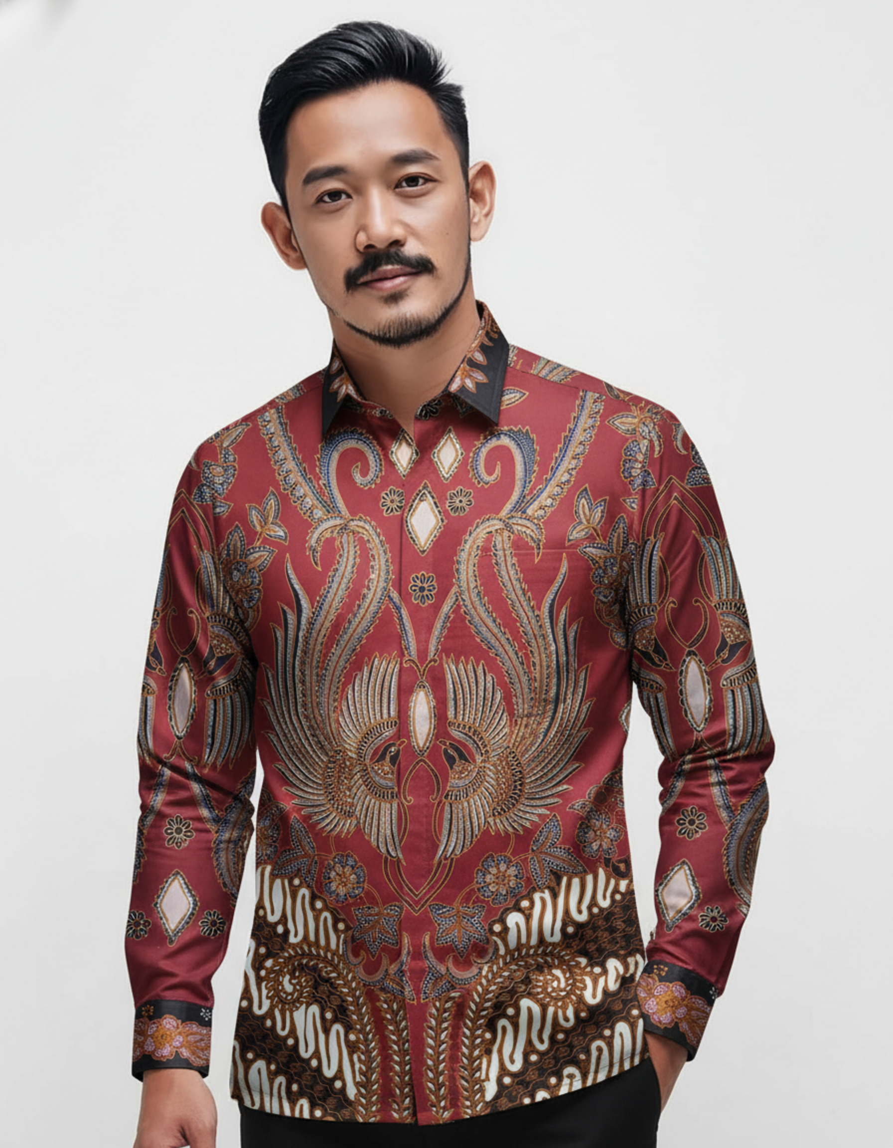 Kain batik tulis pola kemeja motif Garuda berwarna merah bara, memancarkan nuansa wibawa dan kehangatan klasik.