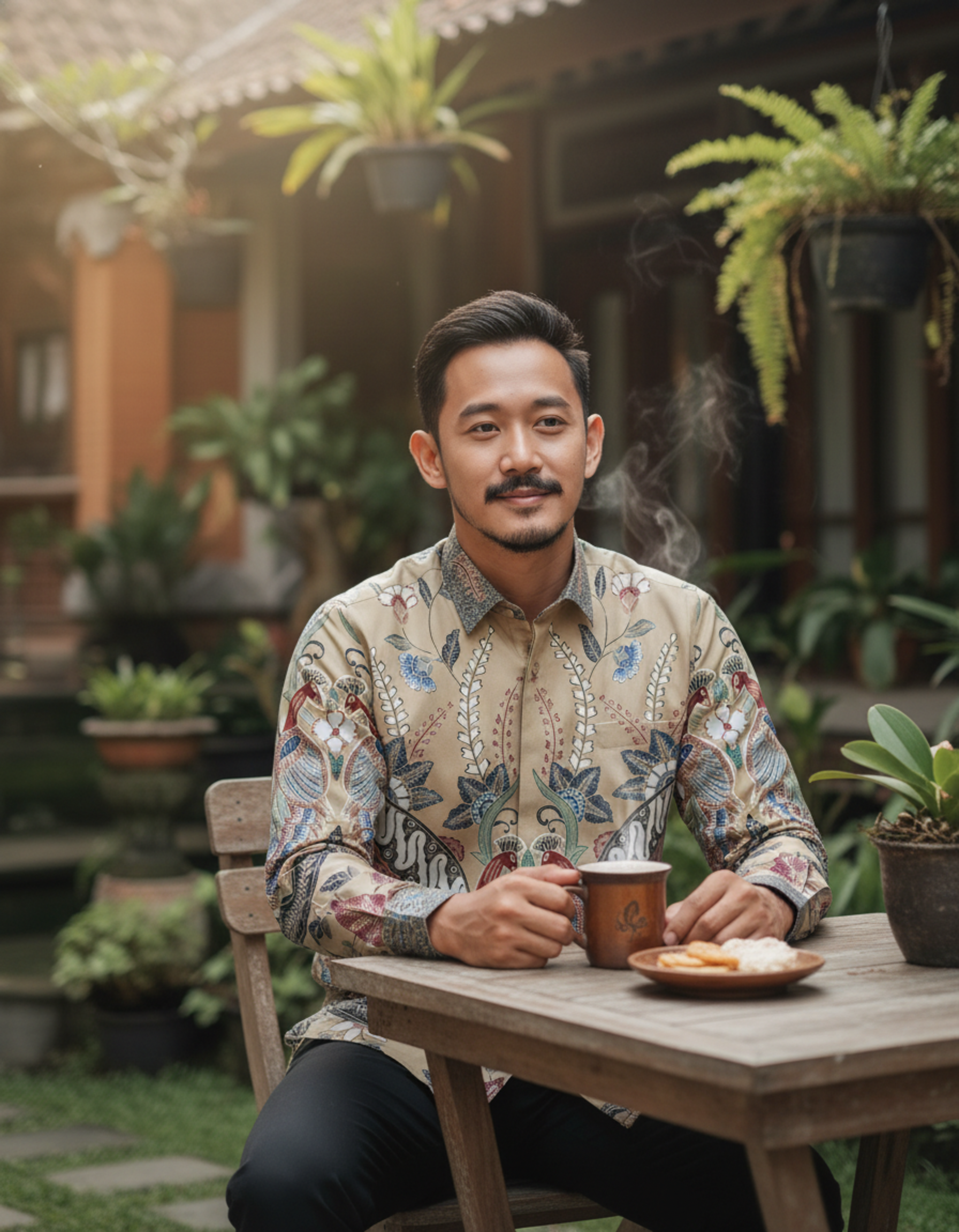 Pola kemeja batik tulis motif sepasang burung Paksi Kencana di atas kain katun primissima berwarna krem.