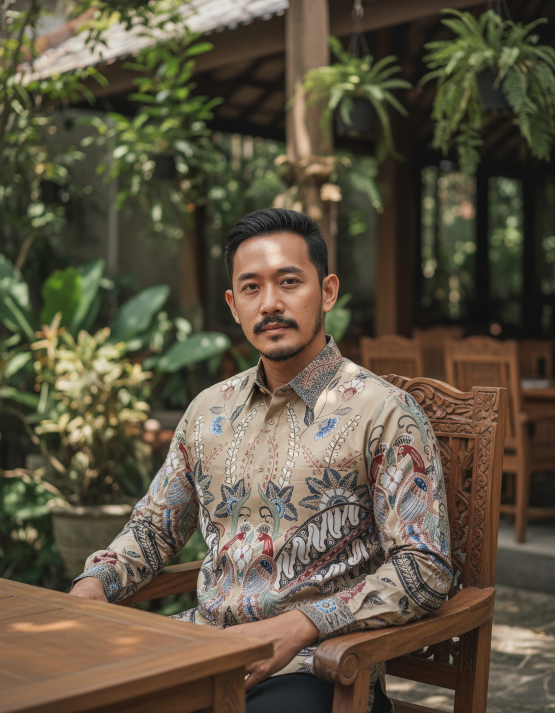 Pola kemeja batik tulis motif sepasang burung Paksi Kencana di atas kain katun primissima berwarna krem.