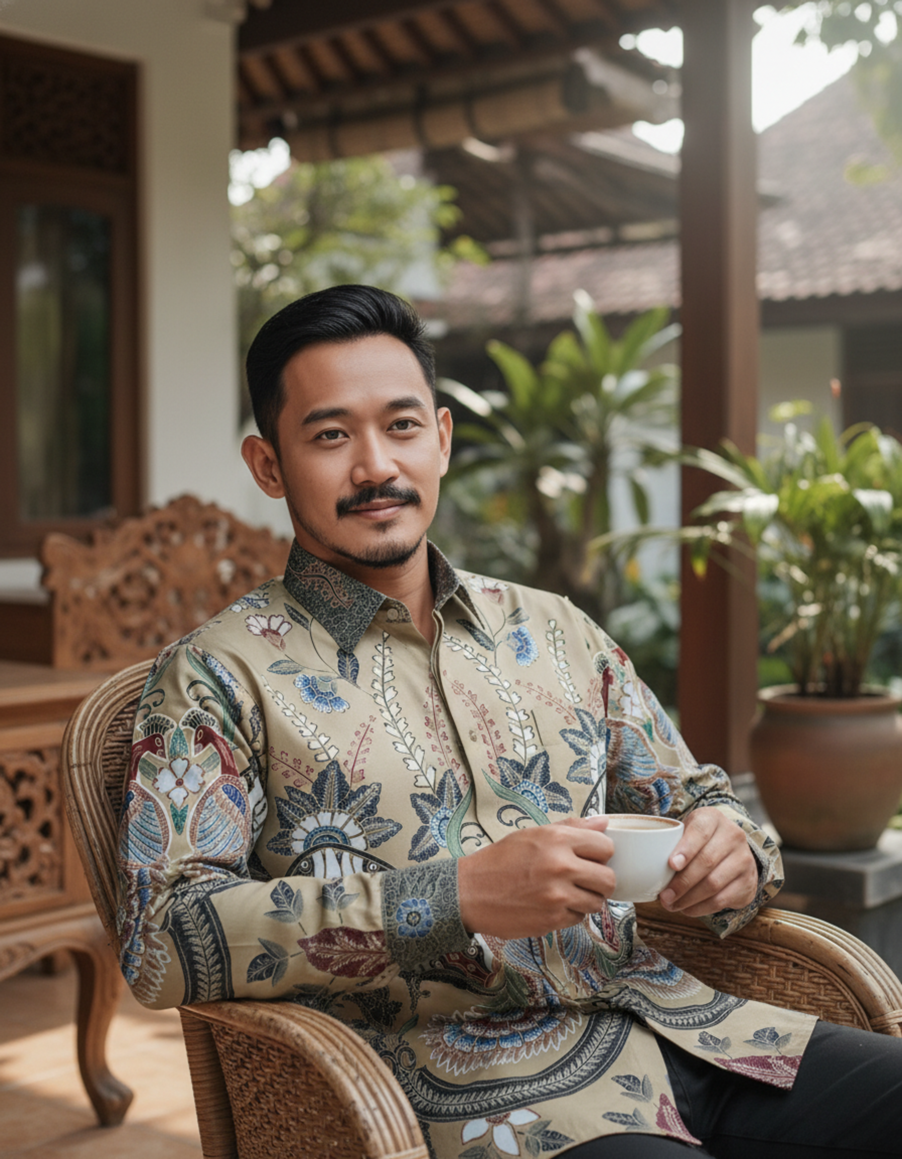 Pola kemeja batik tulis motif sepasang burung Paksi Kencana di atas kain katun primissima berwarna krem.