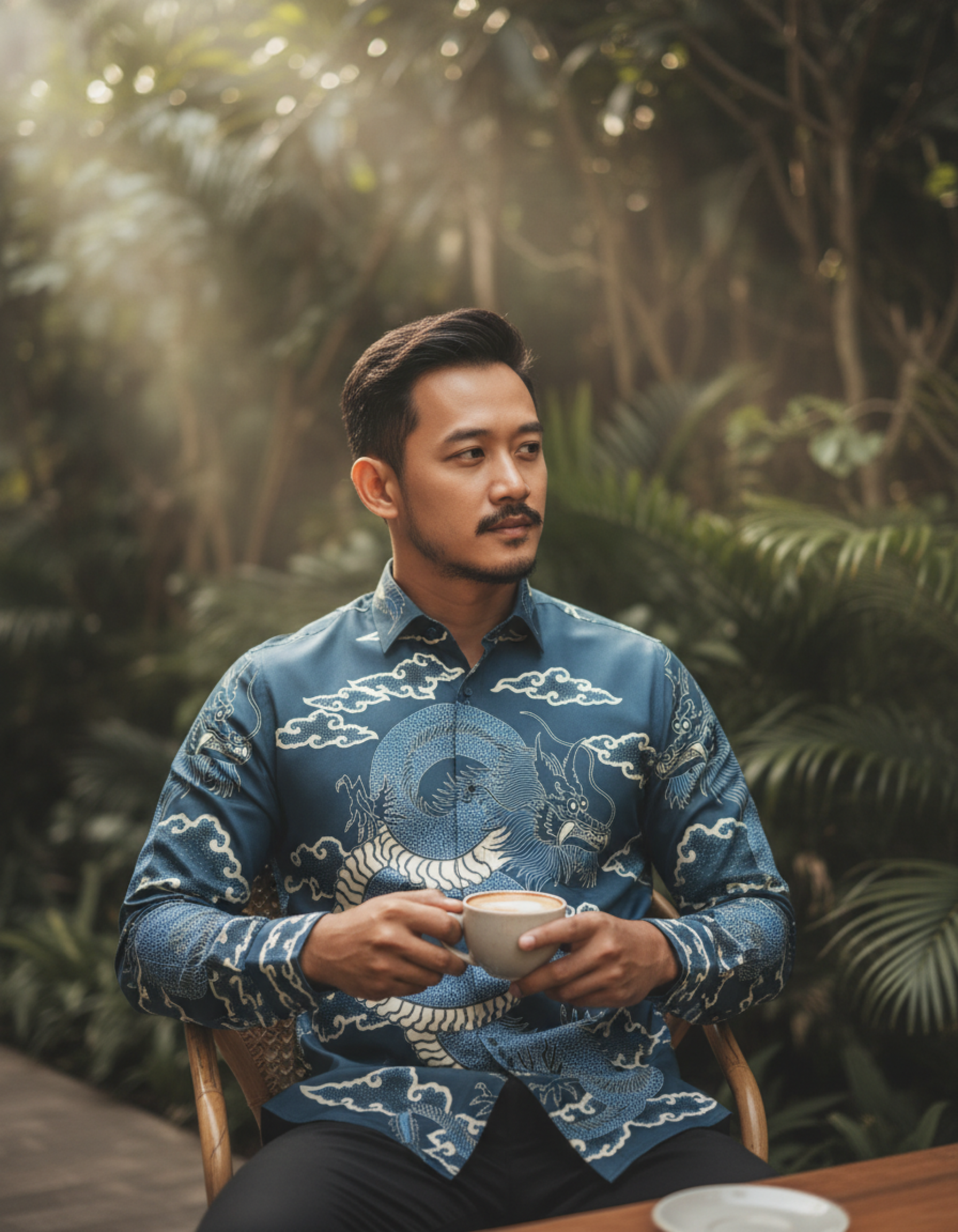 Kain batik pola kemeja motif naga biru agung di antara awan, bahan katun primis yang elegan dengan nuansa samudra.