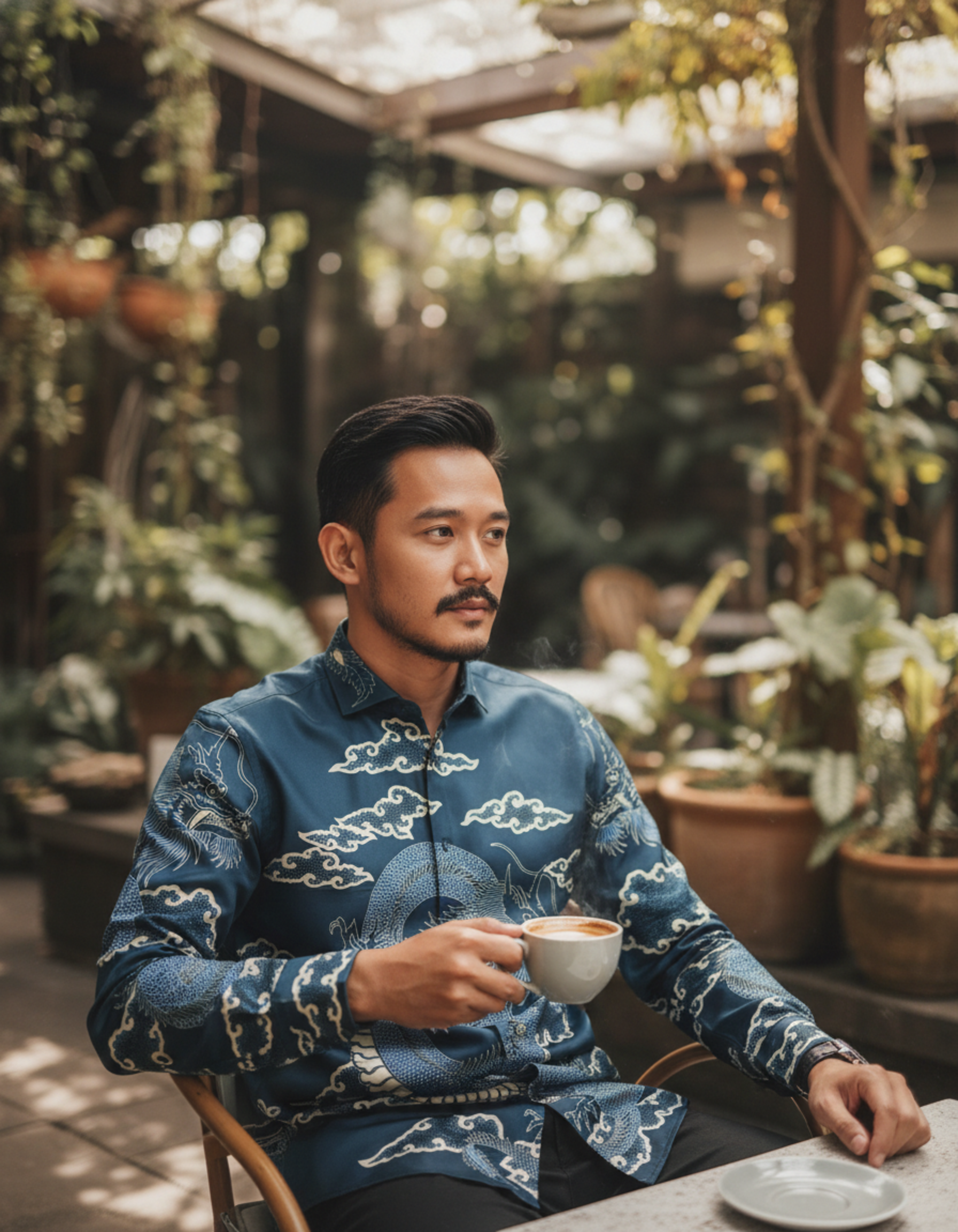 Kain batik pola kemeja motif naga biru agung di antara awan, bahan katun primis yang elegan dengan nuansa samudra.