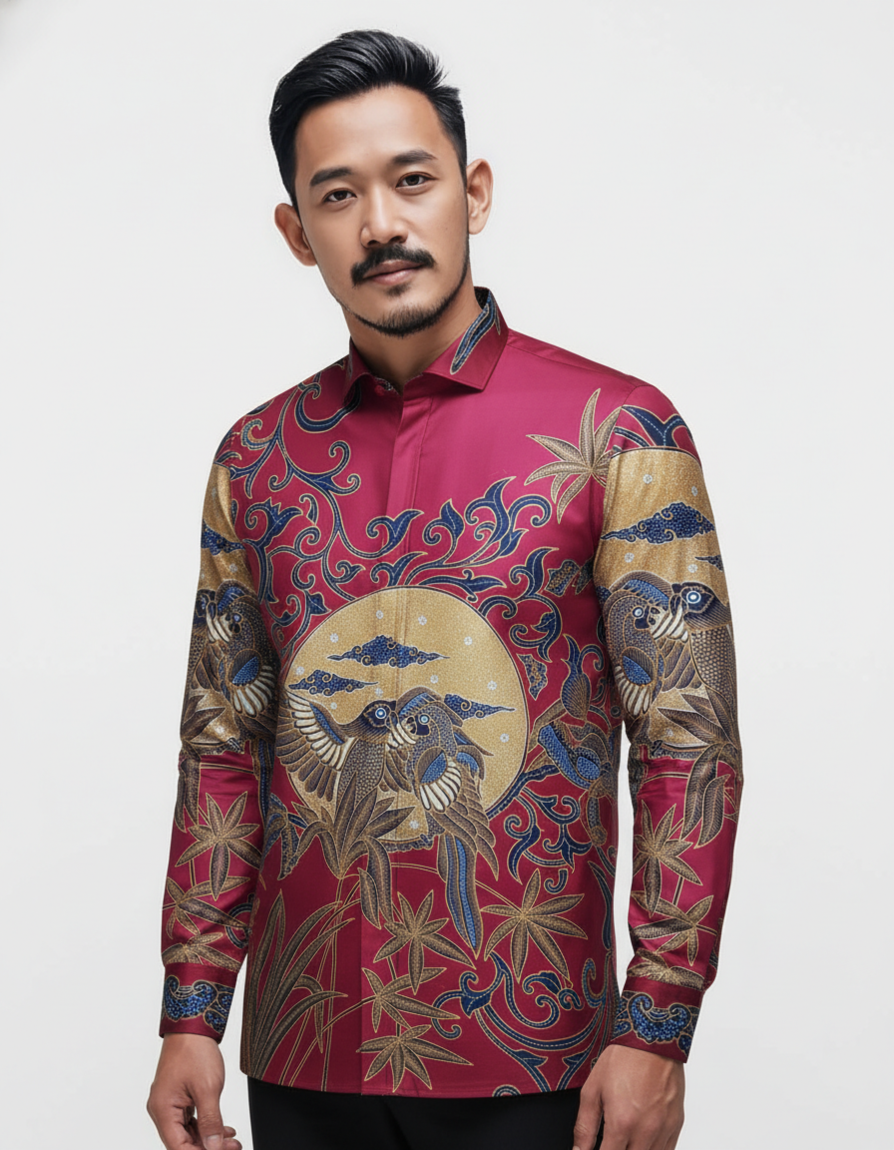Pola kemeja batik tulis dengan motif sepasang burung di bawah rembulan dalam nuansa merah dan emas yang elegan.