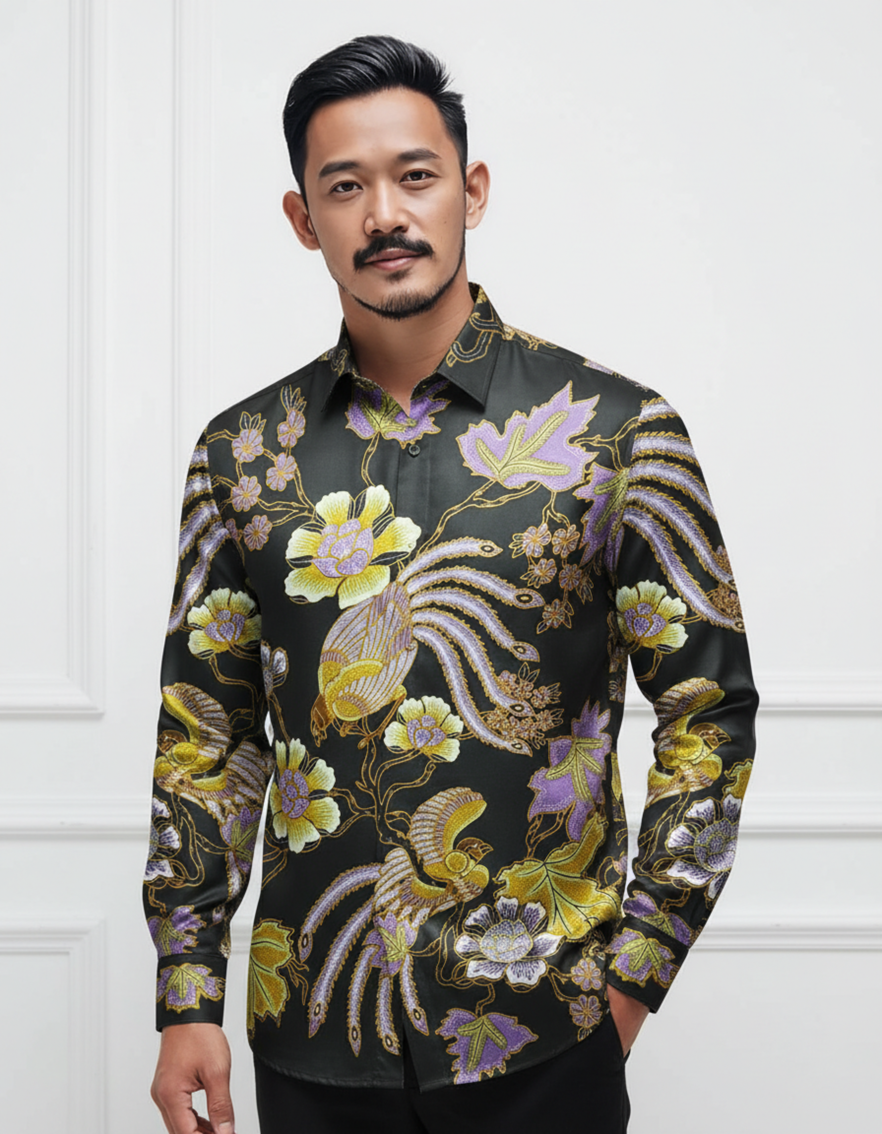 Mockup kemeja batik tulis lengan panjang motif Paksi Swarga ungu dan emas di atas kain katun primissima hitam.