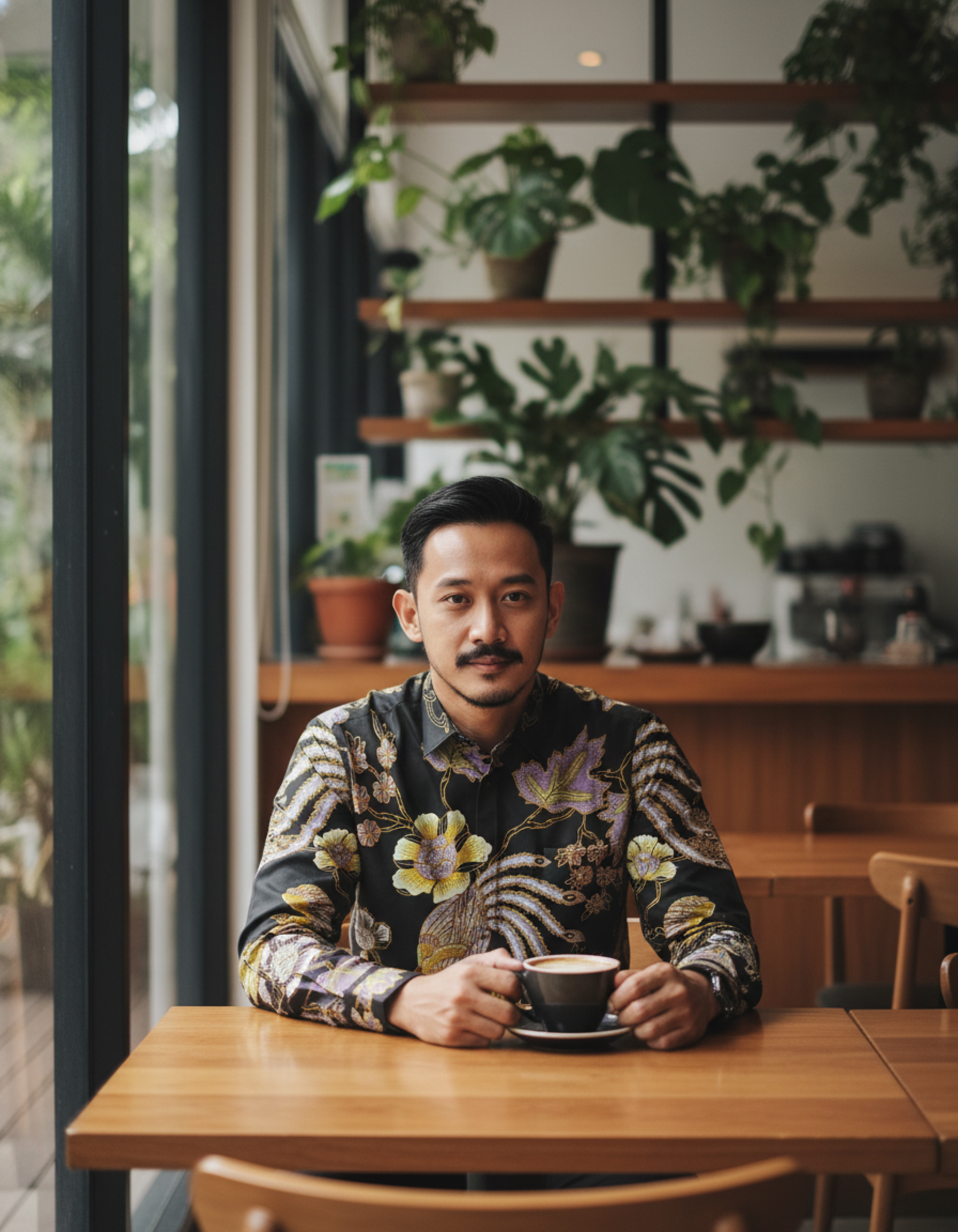 Mockup kemeja batik tulis lengan panjang motif Paksi Swarga ungu dan emas di atas kain katun primissima hitam.