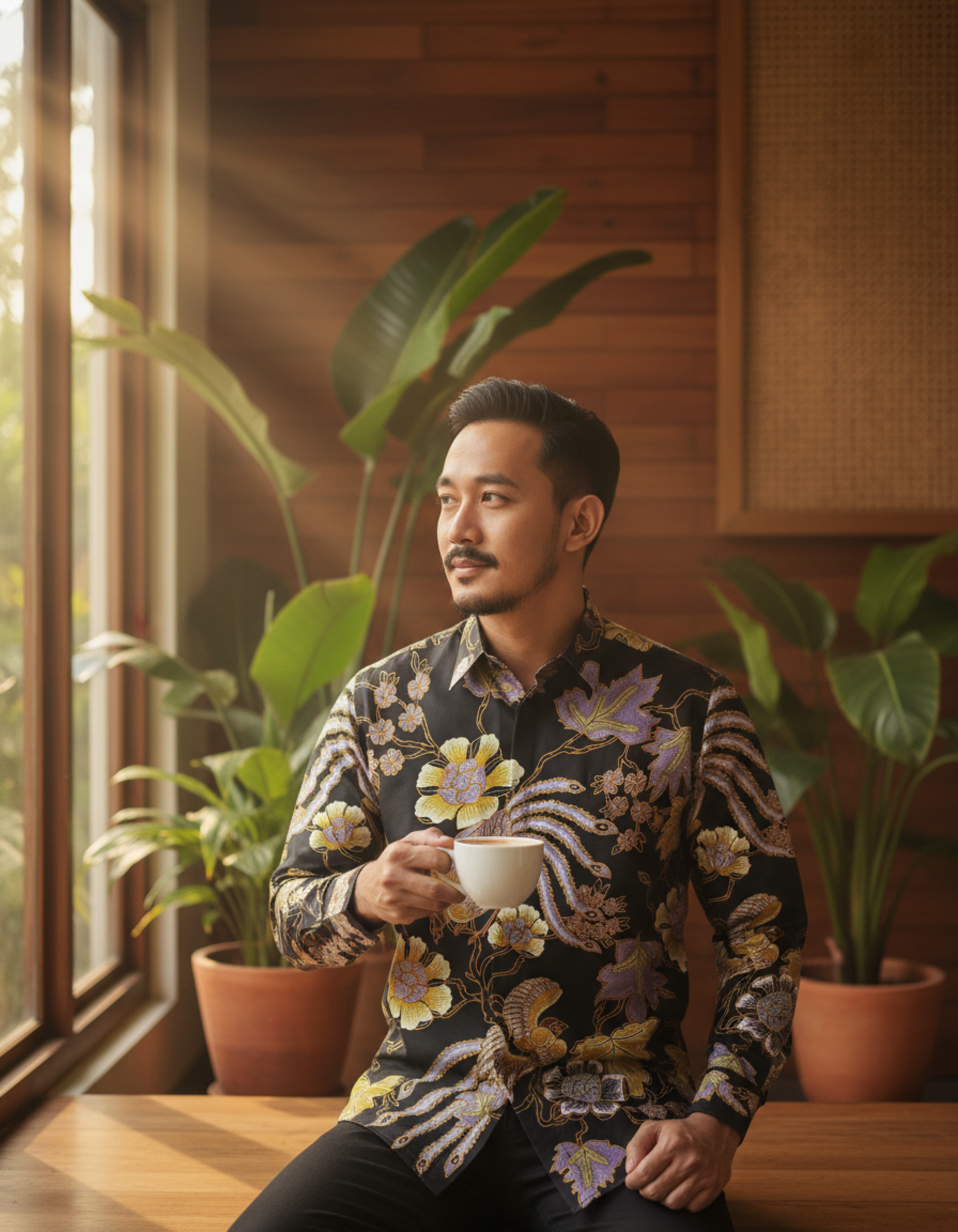 Mockup kemeja batik tulis lengan panjang motif Paksi Swarga ungu dan emas di atas kain katun primissima hitam.