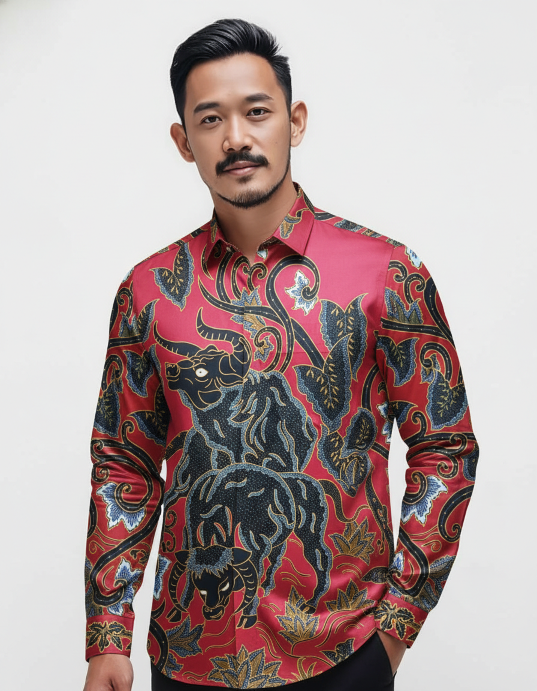 Kemeja batik tulis motif banteng 'Andaka Bara' di atas kain katun primissima merah, memancarkan aura kekuatan dan wibawa.