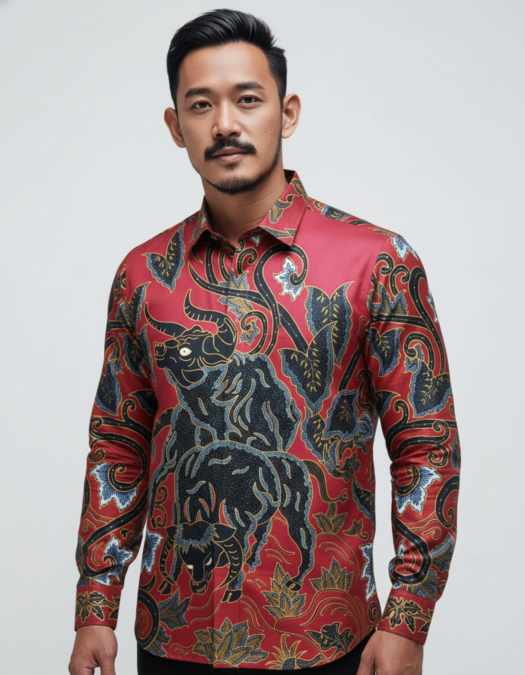Kemeja batik tulis motif banteng 'Andaka Bara' di atas kain katun primissima merah, memancarkan aura kekuatan dan wibawa.
