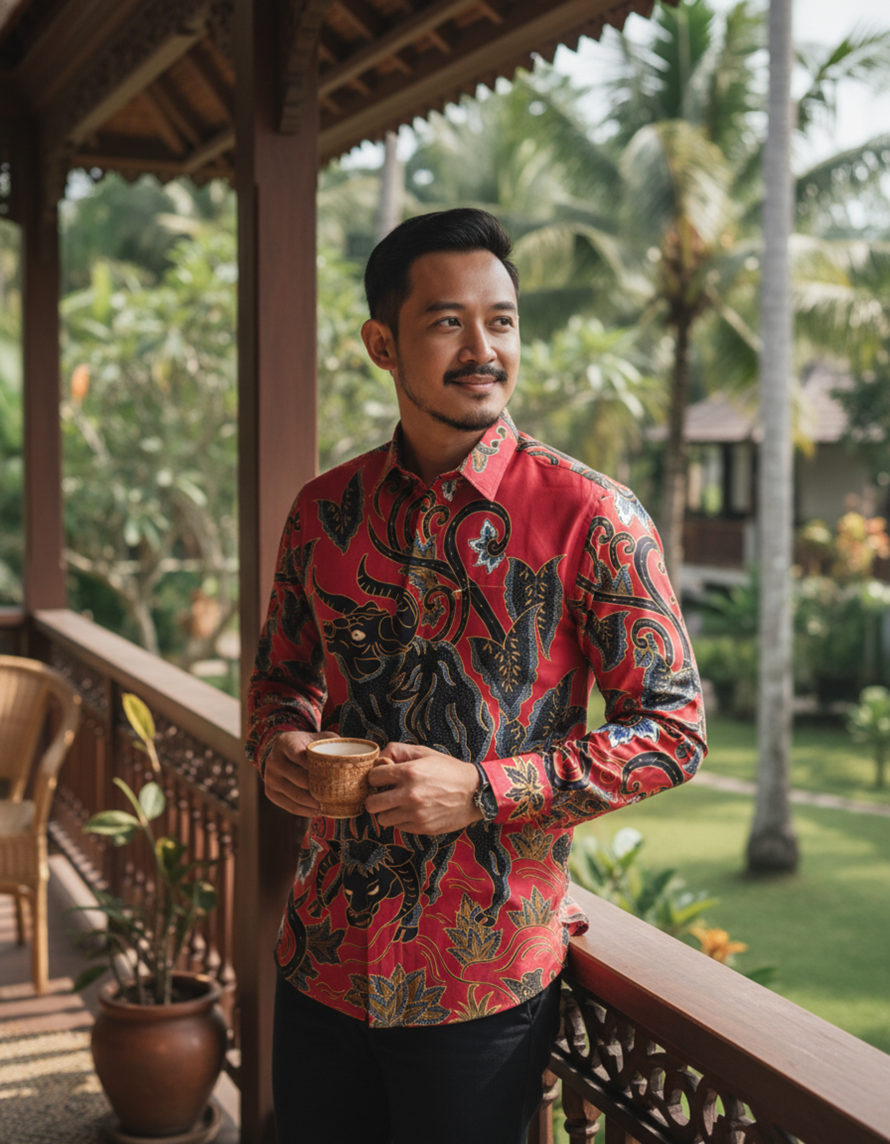 Kemeja batik tulis motif banteng 'Andaka Bara' di atas kain katun primissima merah, memancarkan aura kekuatan dan wibawa.