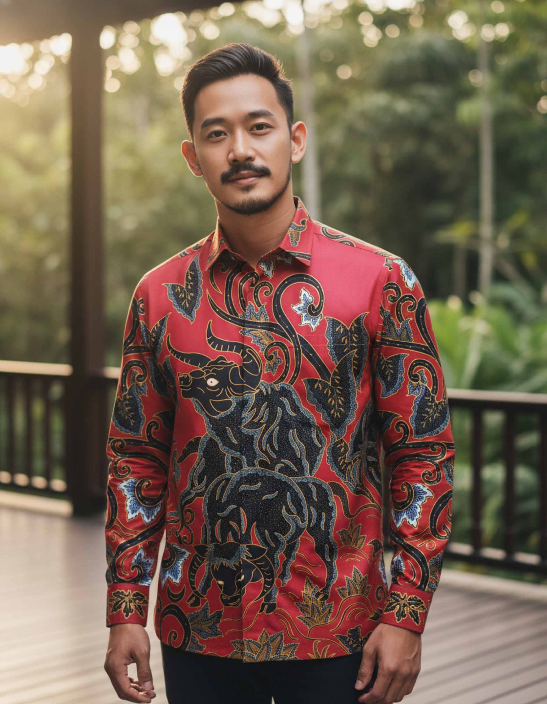 Kemeja batik tulis motif banteng 'Andaka Bara' di atas kain katun primissima merah, memancarkan aura kekuatan dan wibawa.