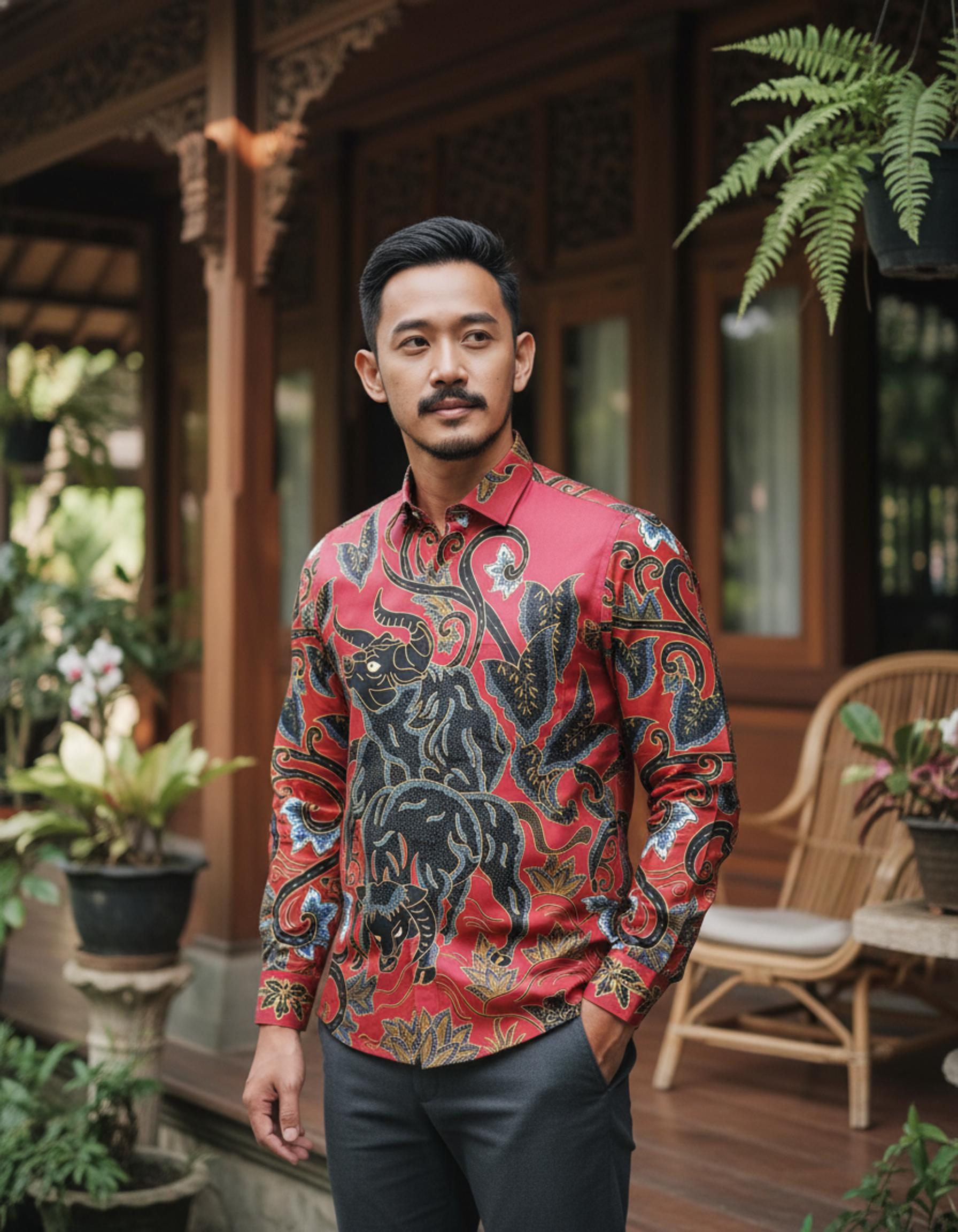 Kemeja batik tulis motif banteng 'Andaka Bara' di atas kain katun primissima merah, memancarkan aura kekuatan dan wibawa.