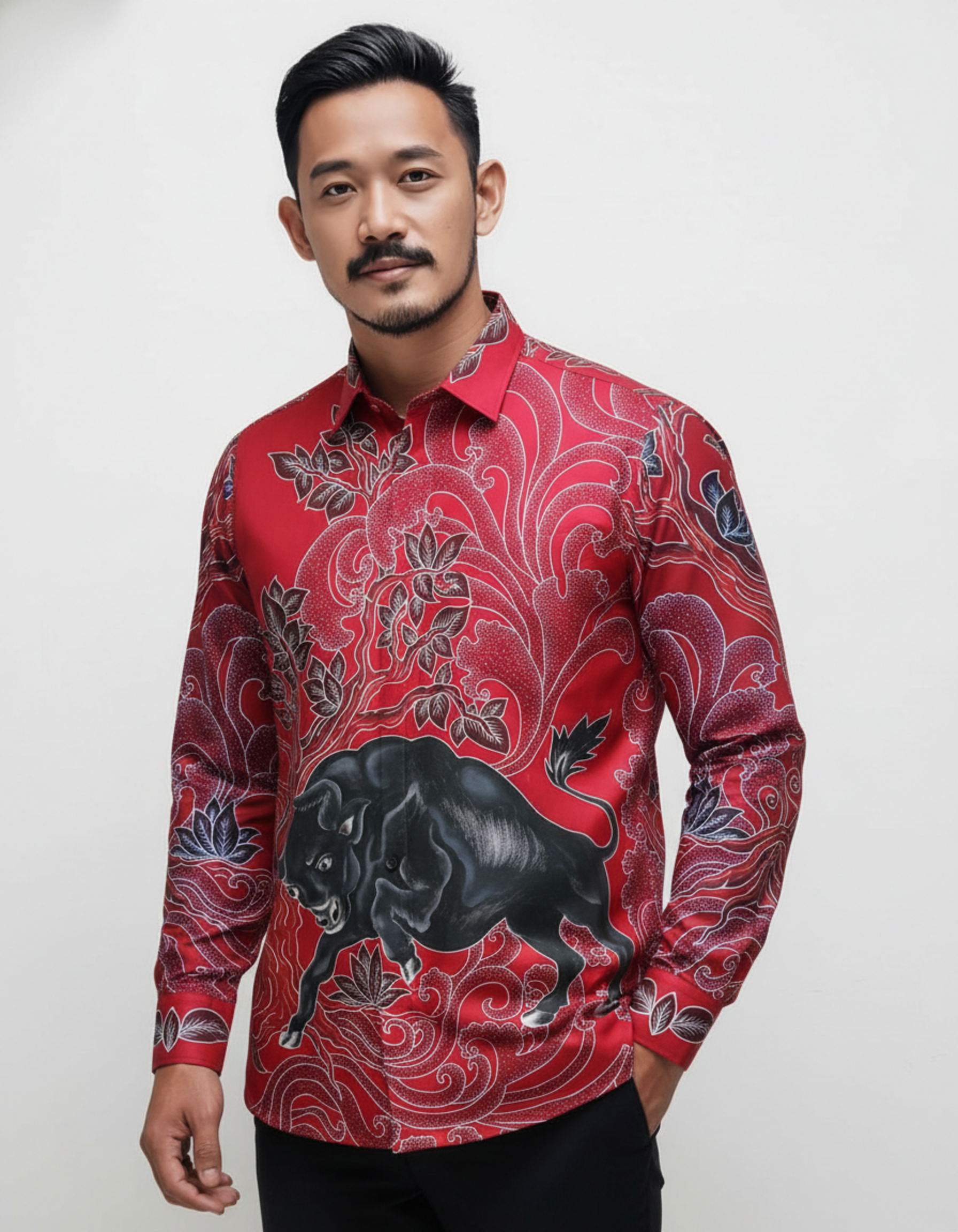 Kemeja batik tulis motif banteng hitam gagah di atas kain katun primissima merah yang menyiratkan kekuatan dan semangat.