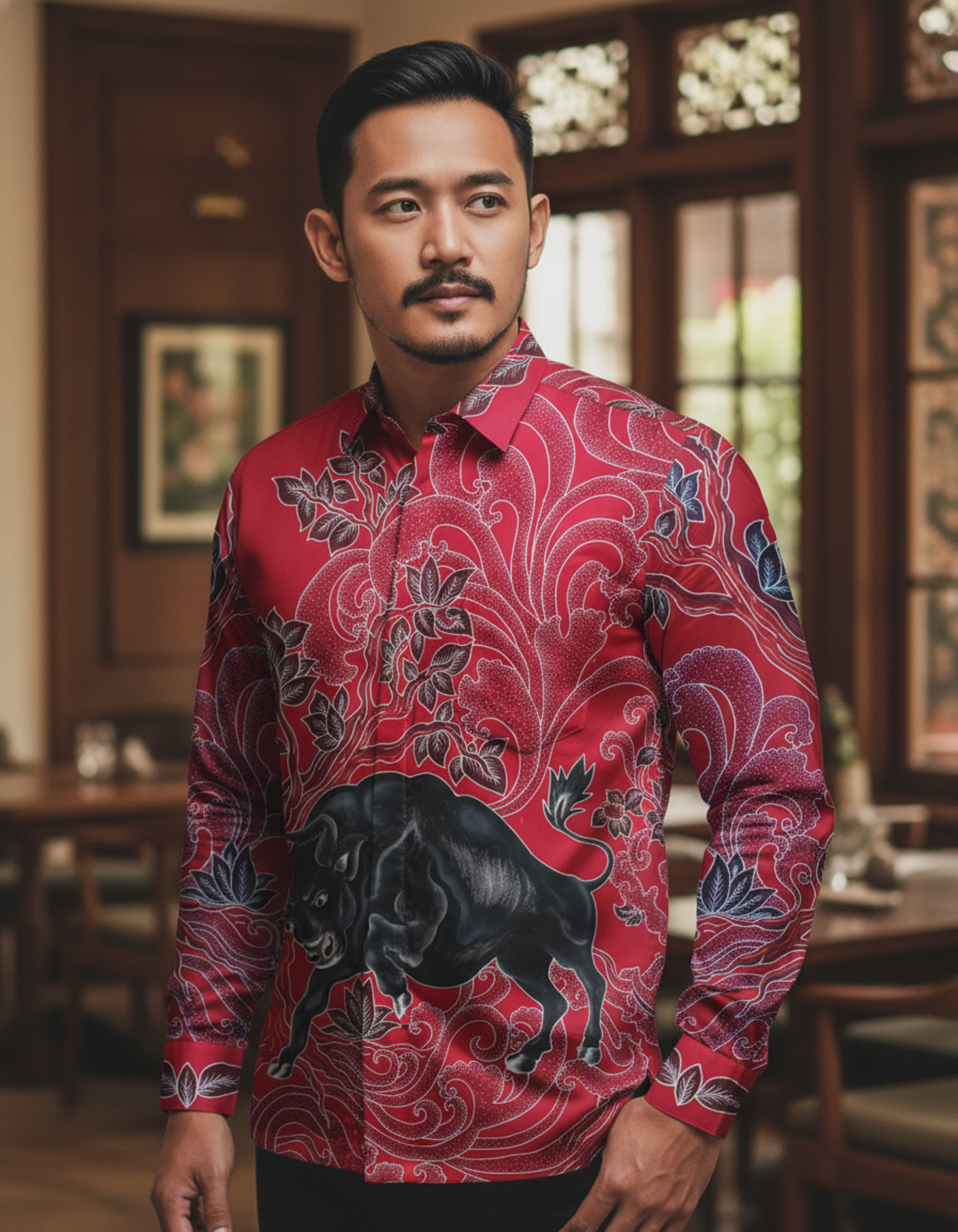 Kemeja batik tulis motif banteng hitam gagah di atas kain katun primissima merah yang menyiratkan kekuatan dan semangat.