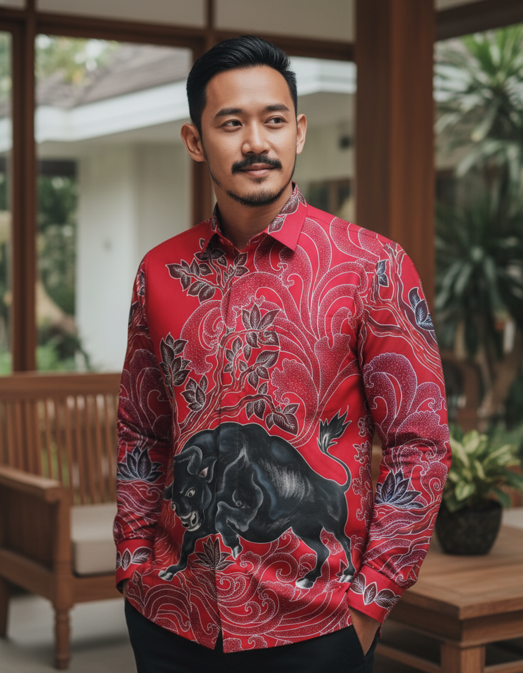 Kemeja batik tulis motif banteng hitam gagah di atas kain katun primissima merah yang menyiratkan kekuatan dan semangat.