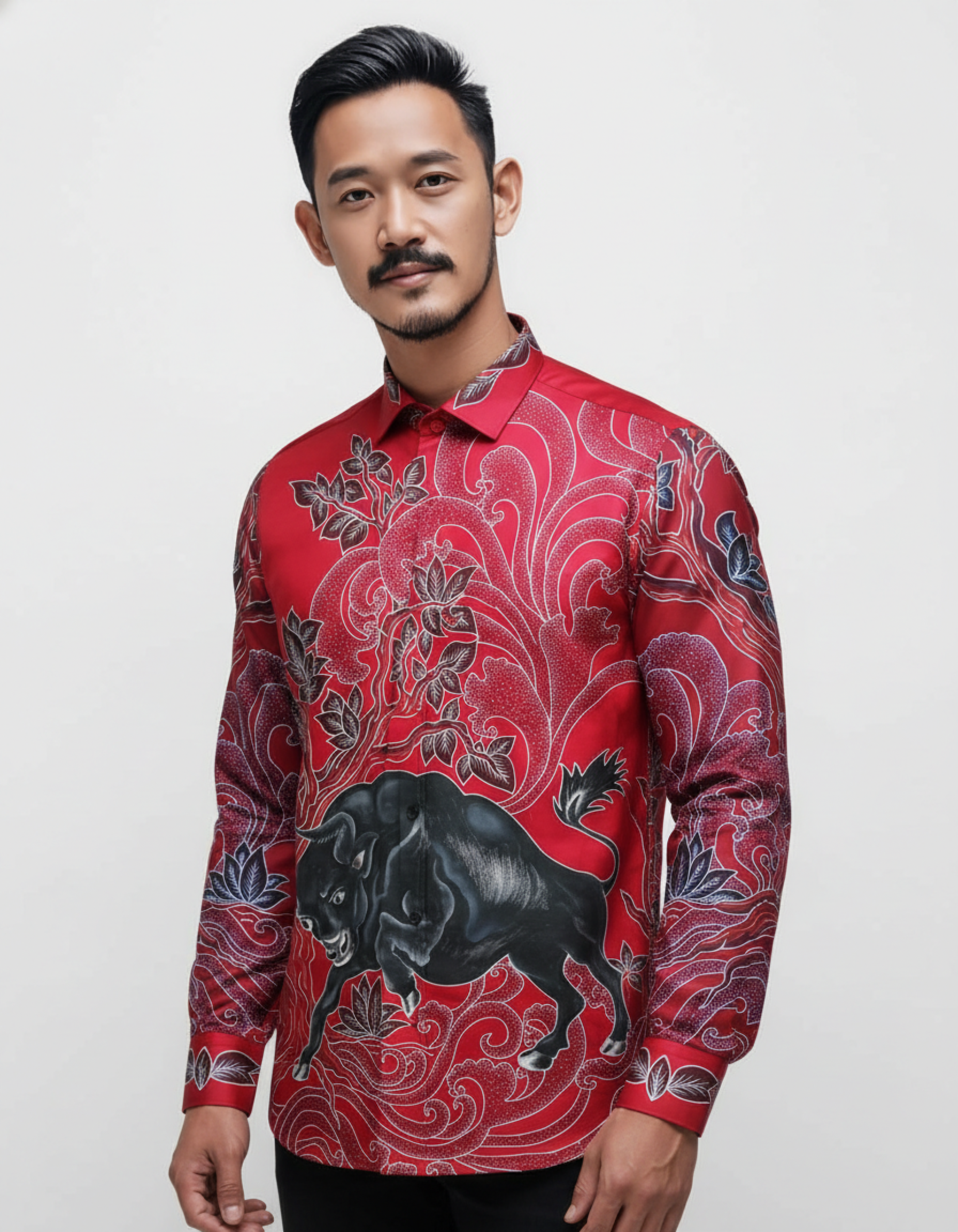 Kemeja batik tulis motif banteng hitam gagah di atas kain katun primissima merah yang menyiratkan kekuatan dan semangat.