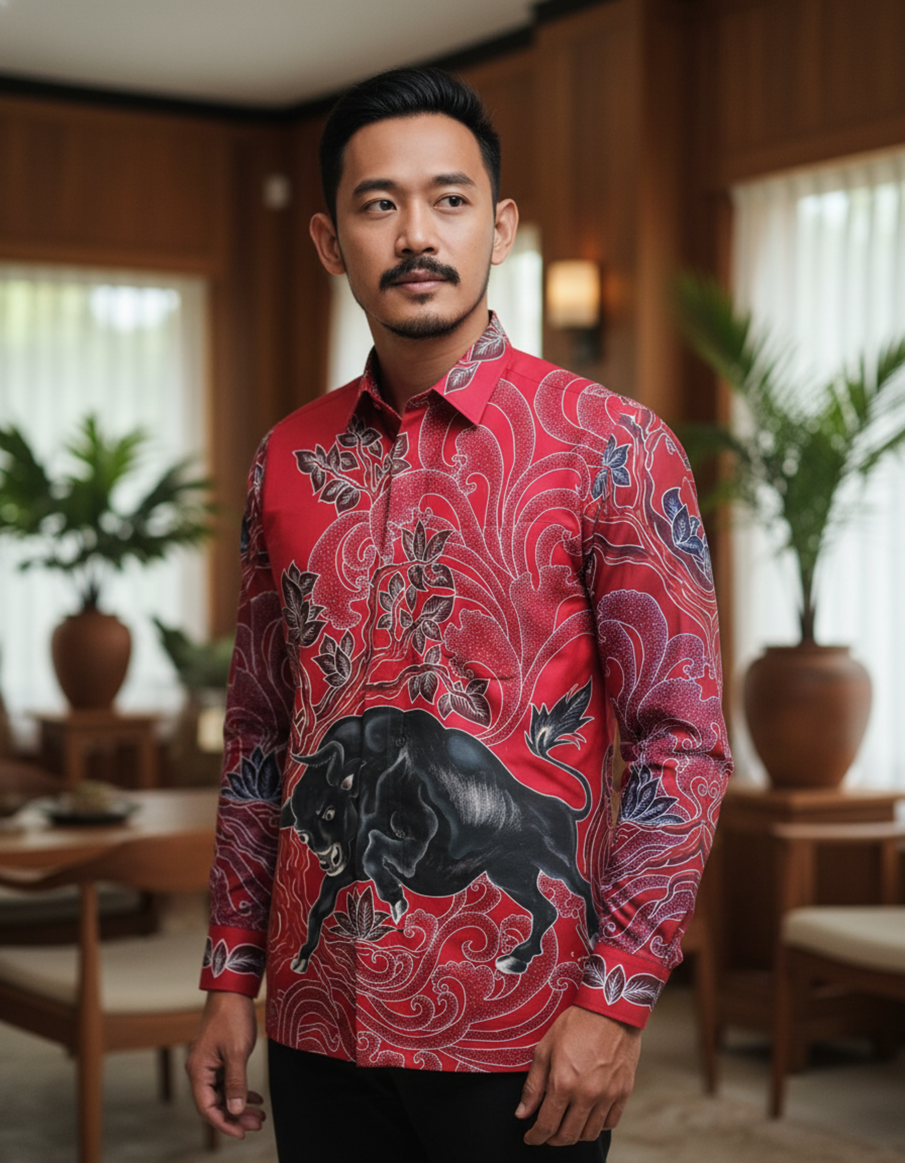 Kemeja batik tulis motif banteng hitam gagah di atas kain katun primissima merah yang menyiratkan kekuatan dan semangat.