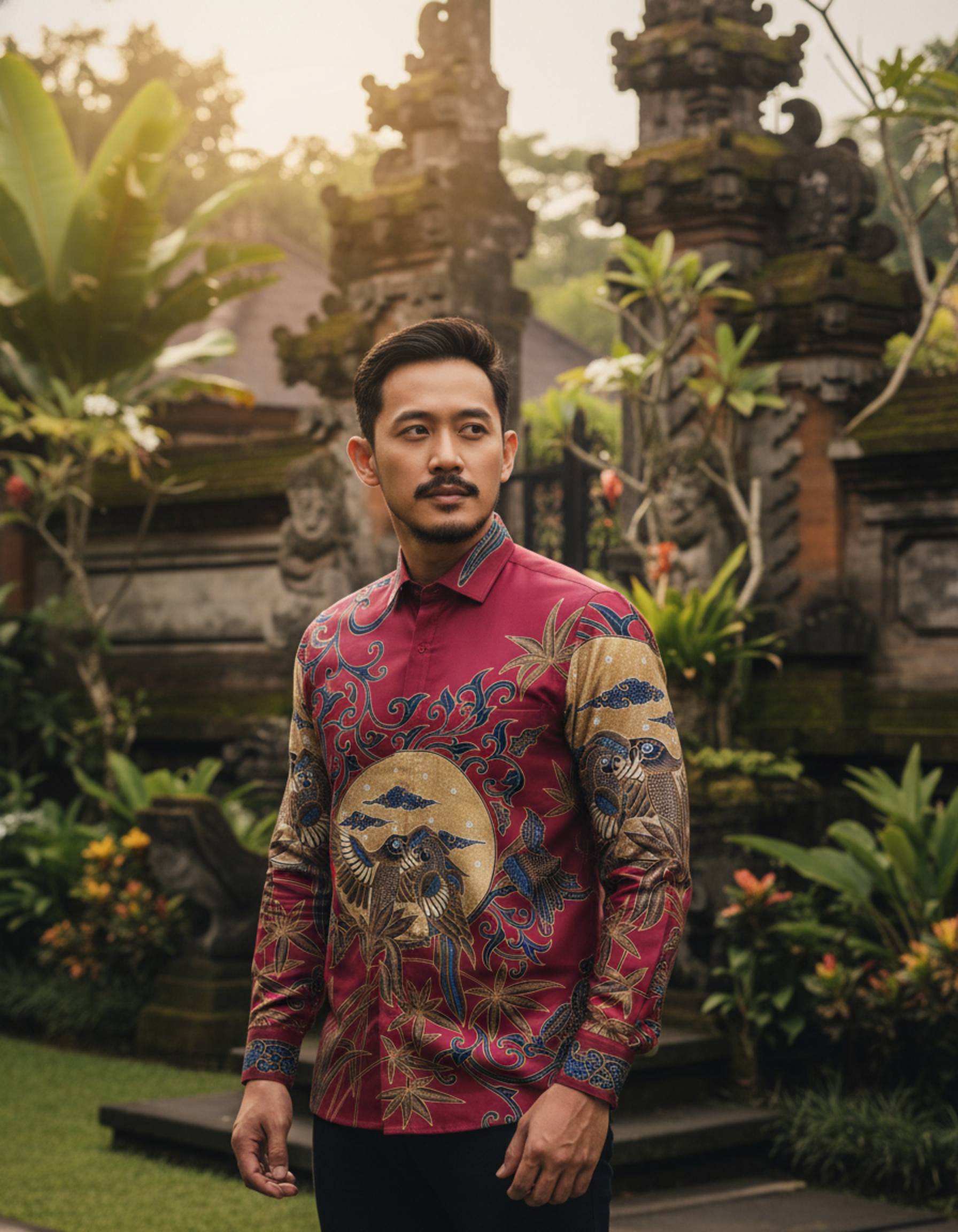 Pola kemeja batik tulis dengan motif sepasang burung di bawah rembulan dalam nuansa merah dan emas yang elegan.
