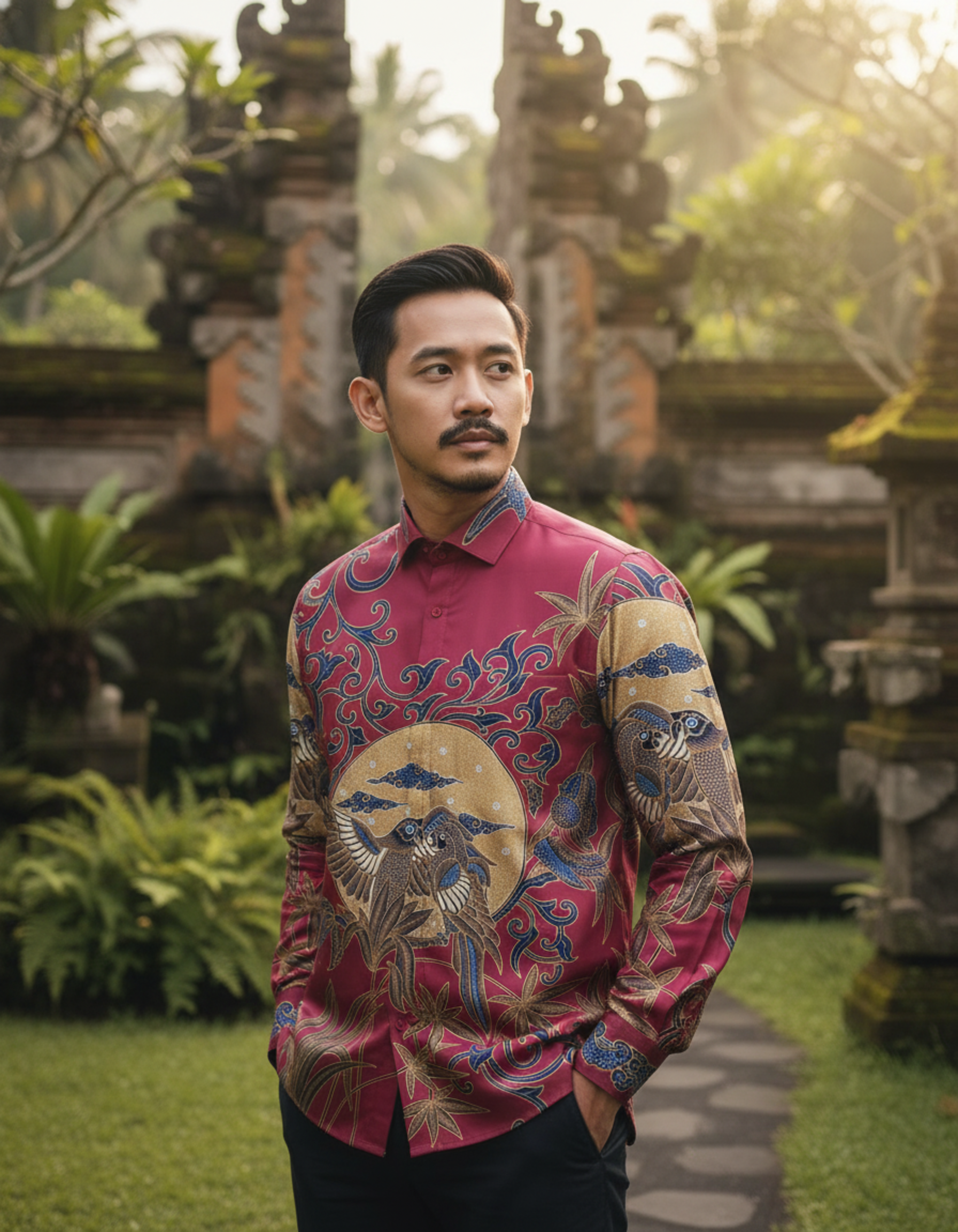 Pola kemeja batik tulis dengan motif sepasang burung di bawah rembulan dalam nuansa merah dan emas yang elegan.