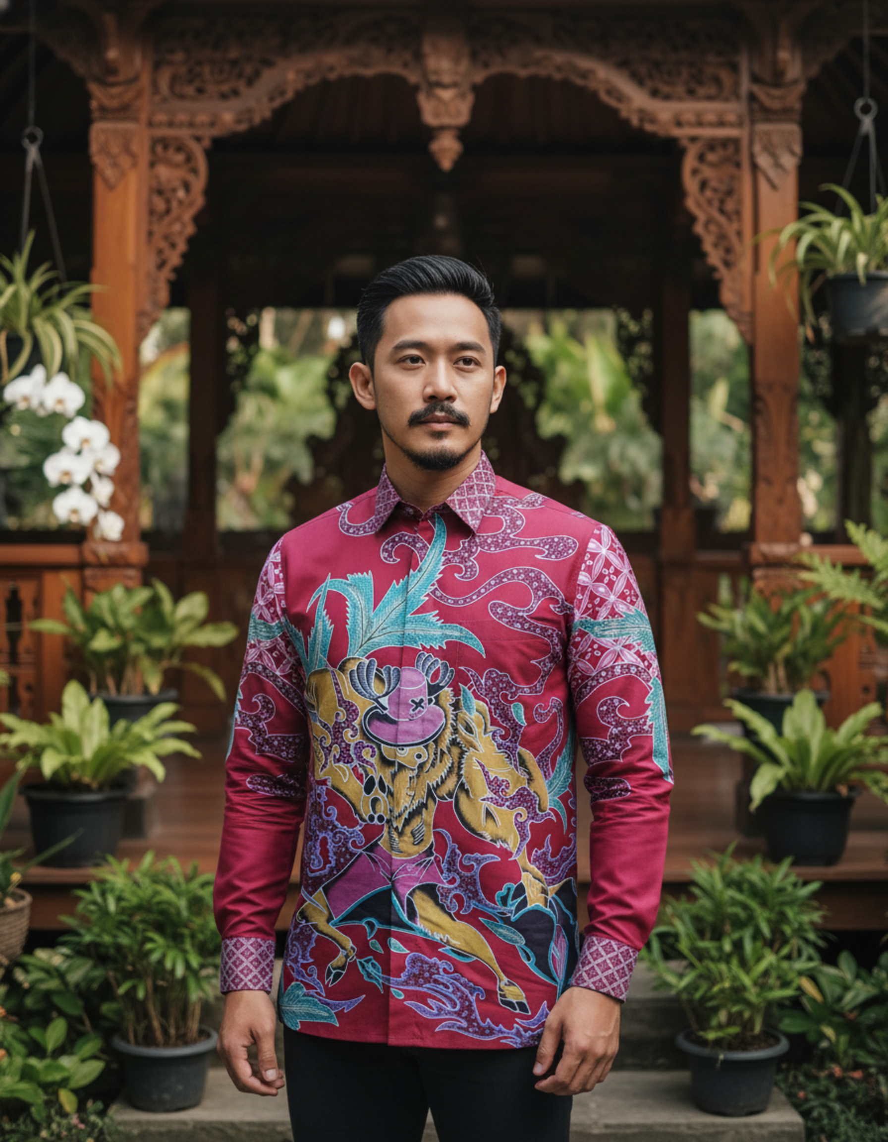 Kain batik pola kemeja motif Singa Bara berwarna merah menyala di atas katun, menampilkan nuansa berani dan artistik.