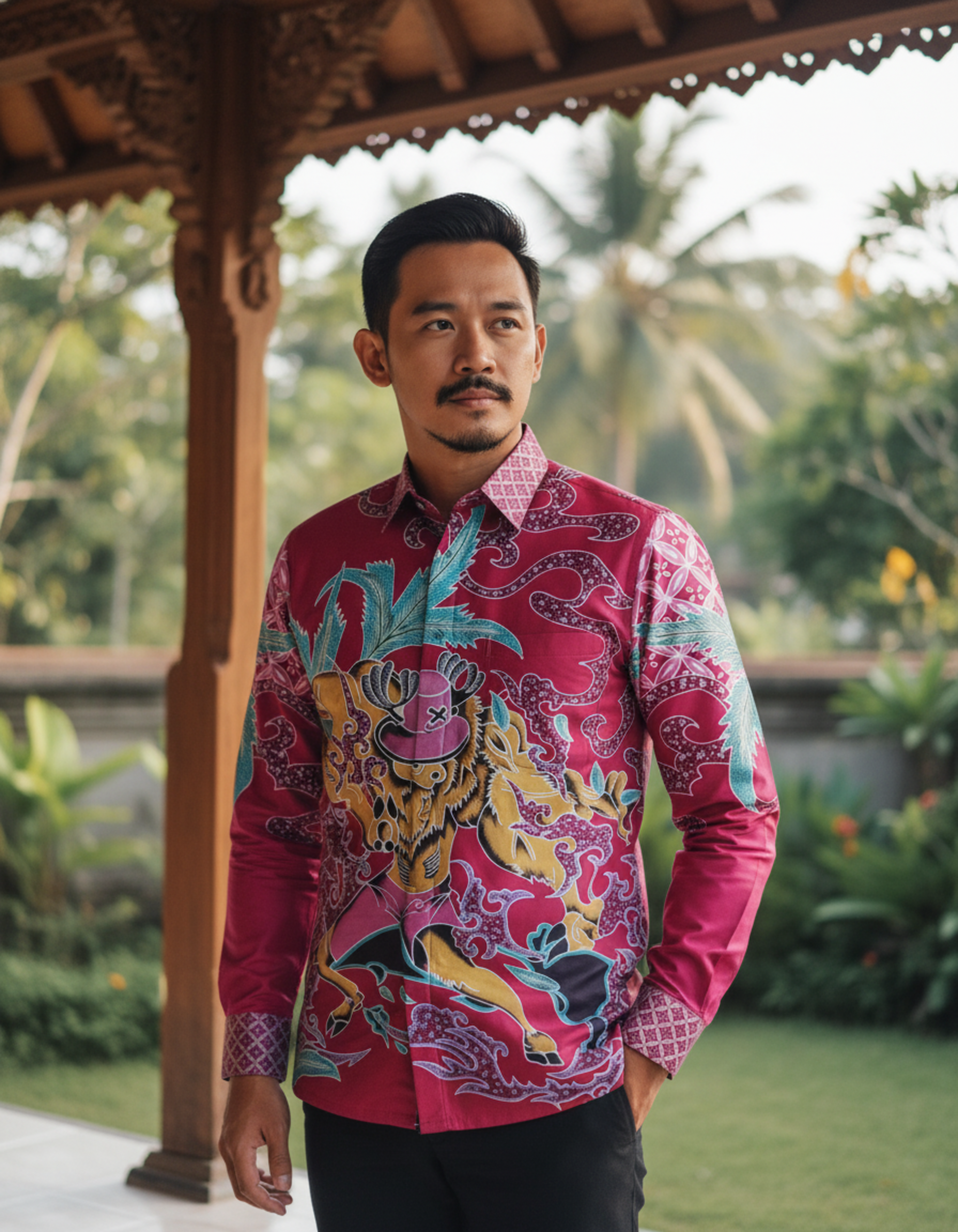 Kain batik pola kemeja motif Singa Bara berwarna merah menyala di atas katun, menampilkan nuansa berani dan artistik.