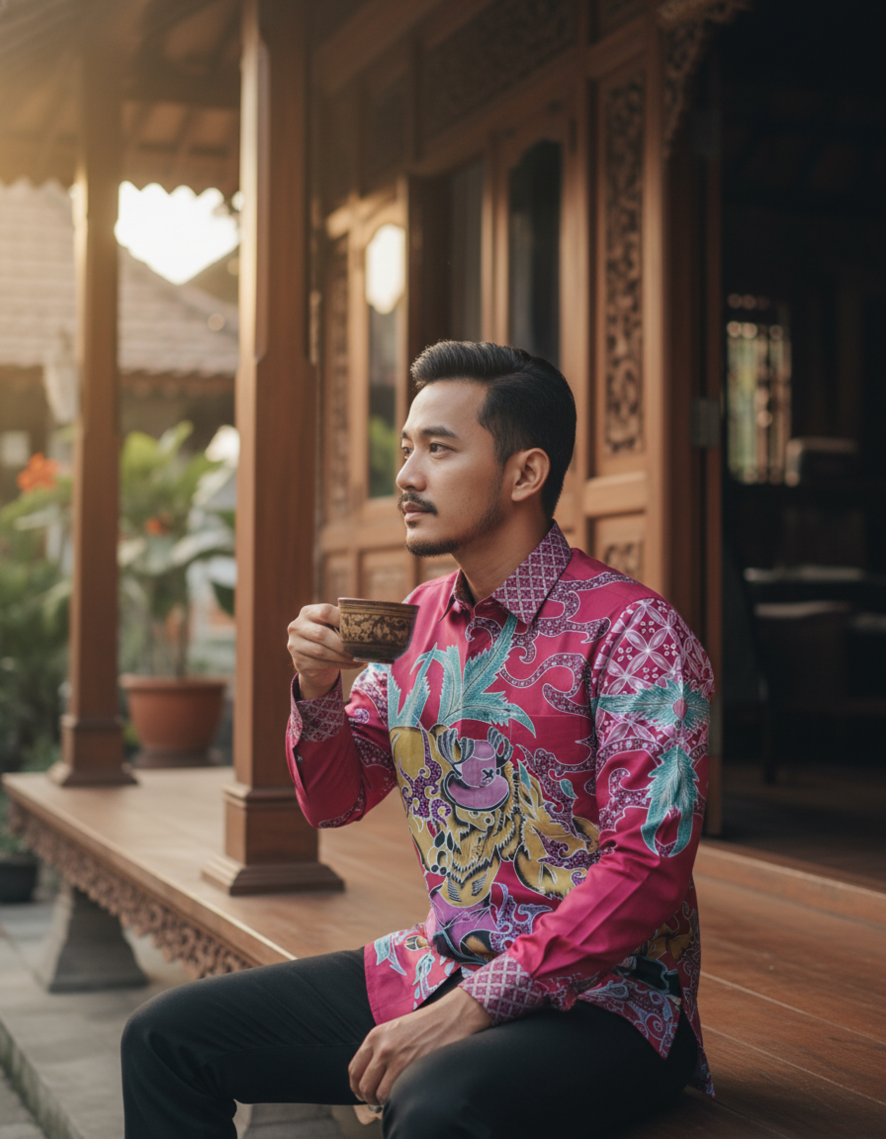 Kain batik pola kemeja motif Singa Bara berwarna merah menyala di atas katun, menampilkan nuansa berani dan artistik.