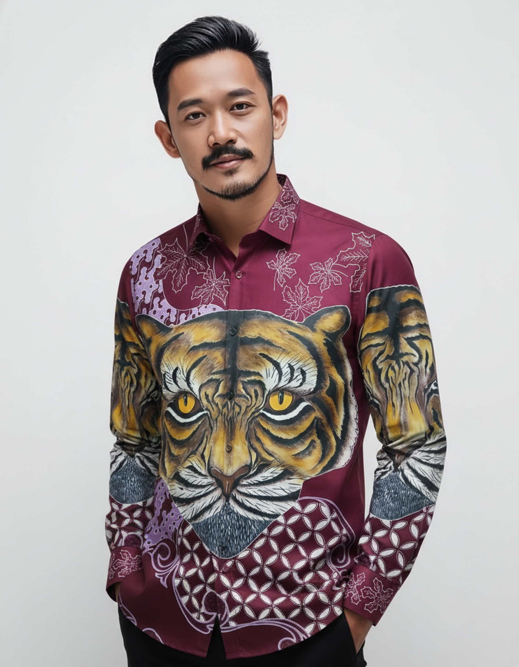 Kemeja batik tulis kontemporer warna merah marun dengan lukisan wajah macan detail di bagian dada dan lengan.