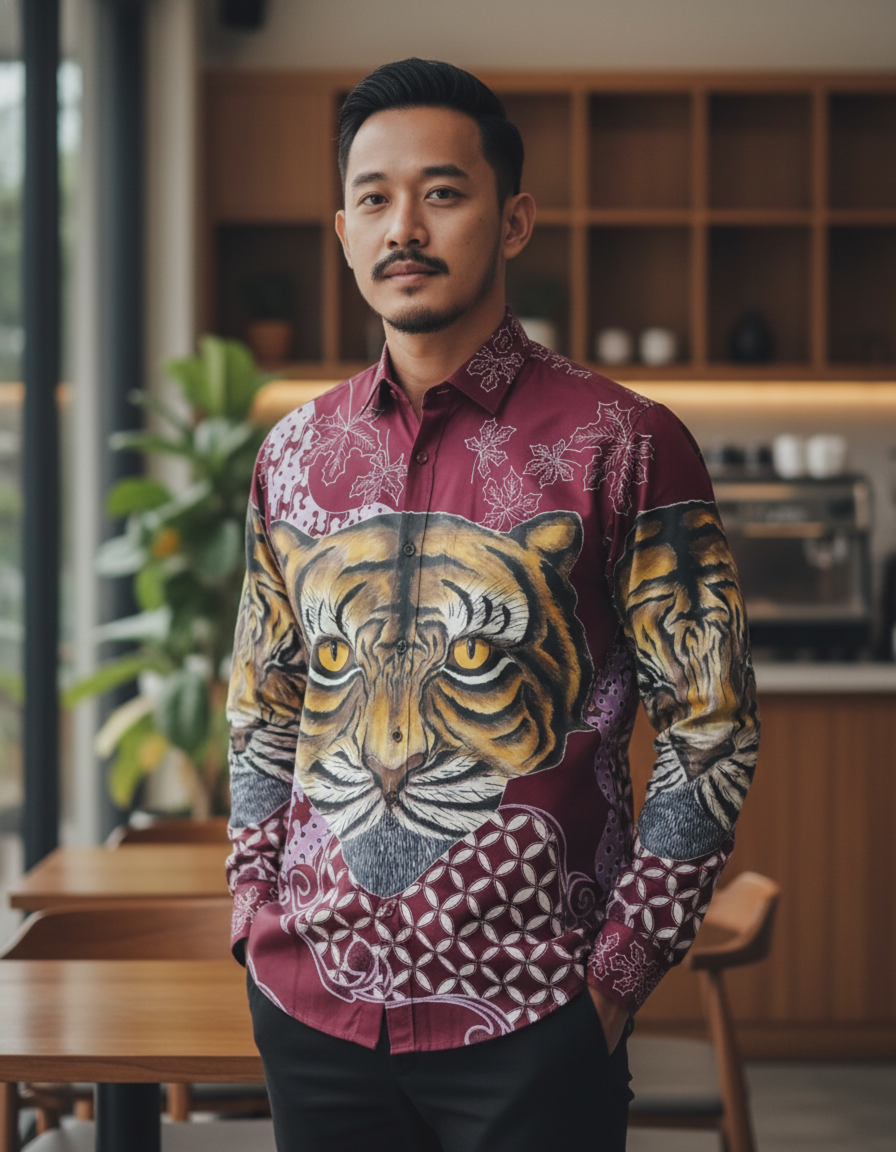 Kemeja batik tulis kontemporer warna merah marun dengan lukisan wajah macan detail di bagian dada dan lengan.