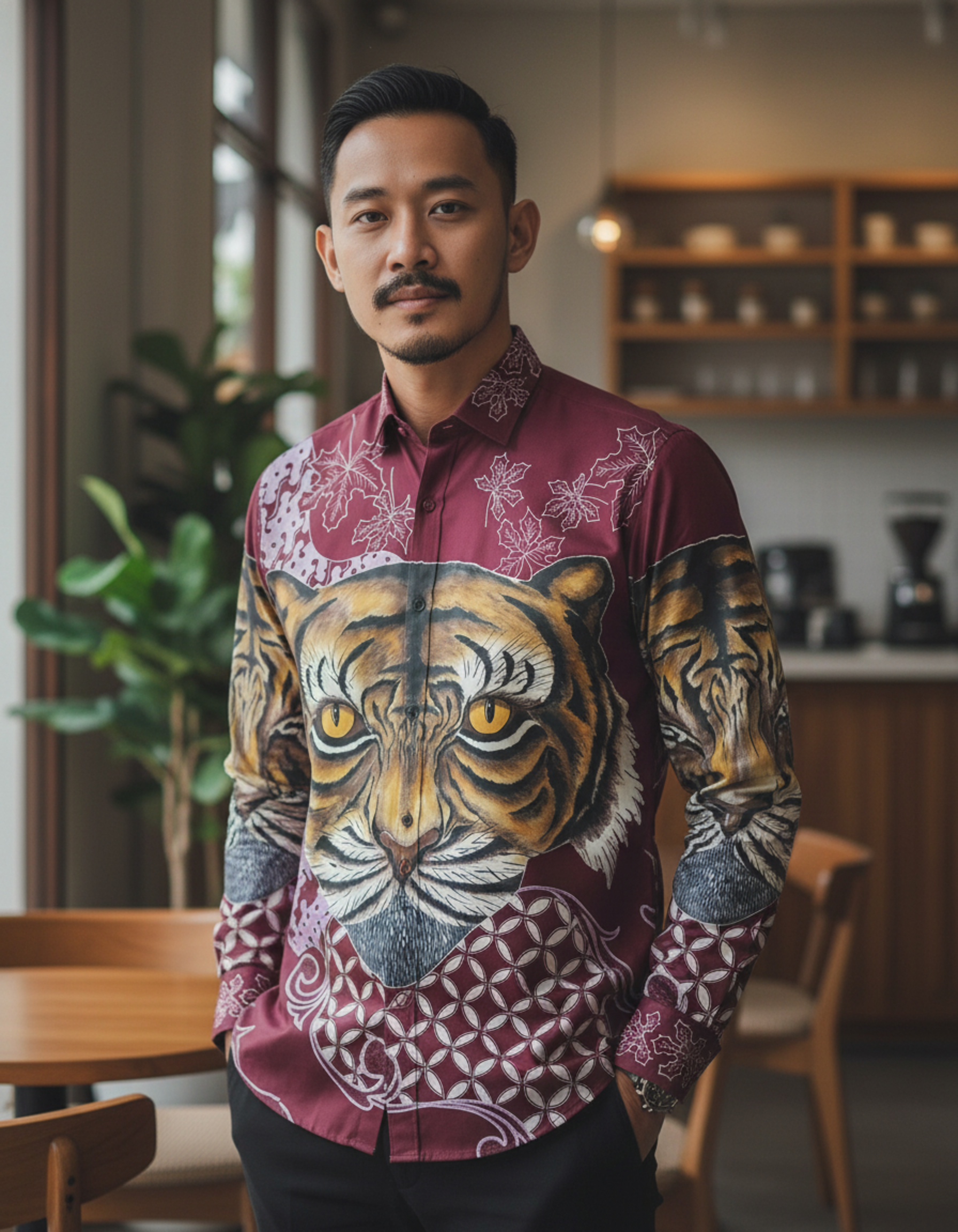 Kemeja batik tulis kontemporer warna merah marun dengan lukisan wajah macan detail di bagian dada dan lengan.