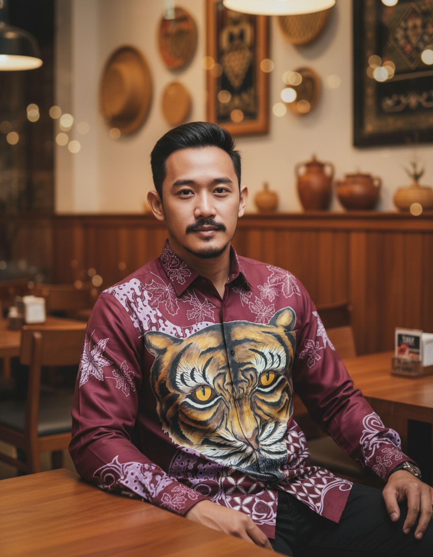 Kemeja batik tulis kontemporer warna merah marun dengan lukisan wajah macan detail di bagian dada dan lengan.