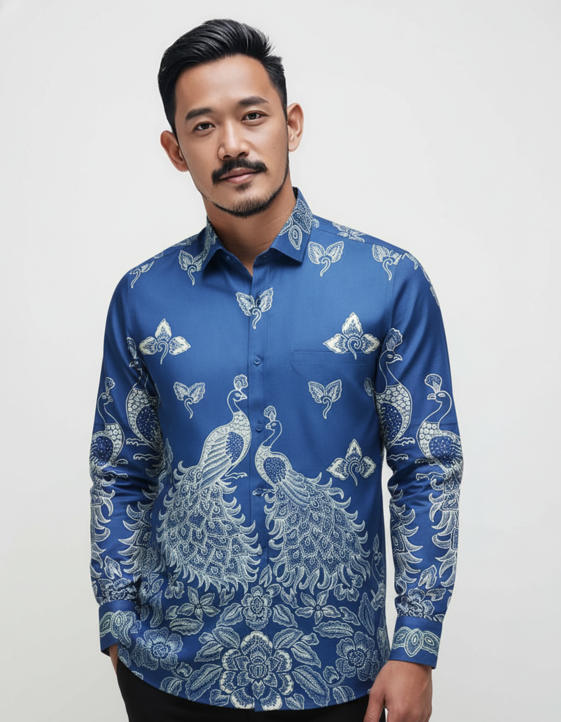 Pola kemeja batik tulis motif sepasang merak biru di atas kain katun sutra, memberi nuansa wibawa dan keindahan.