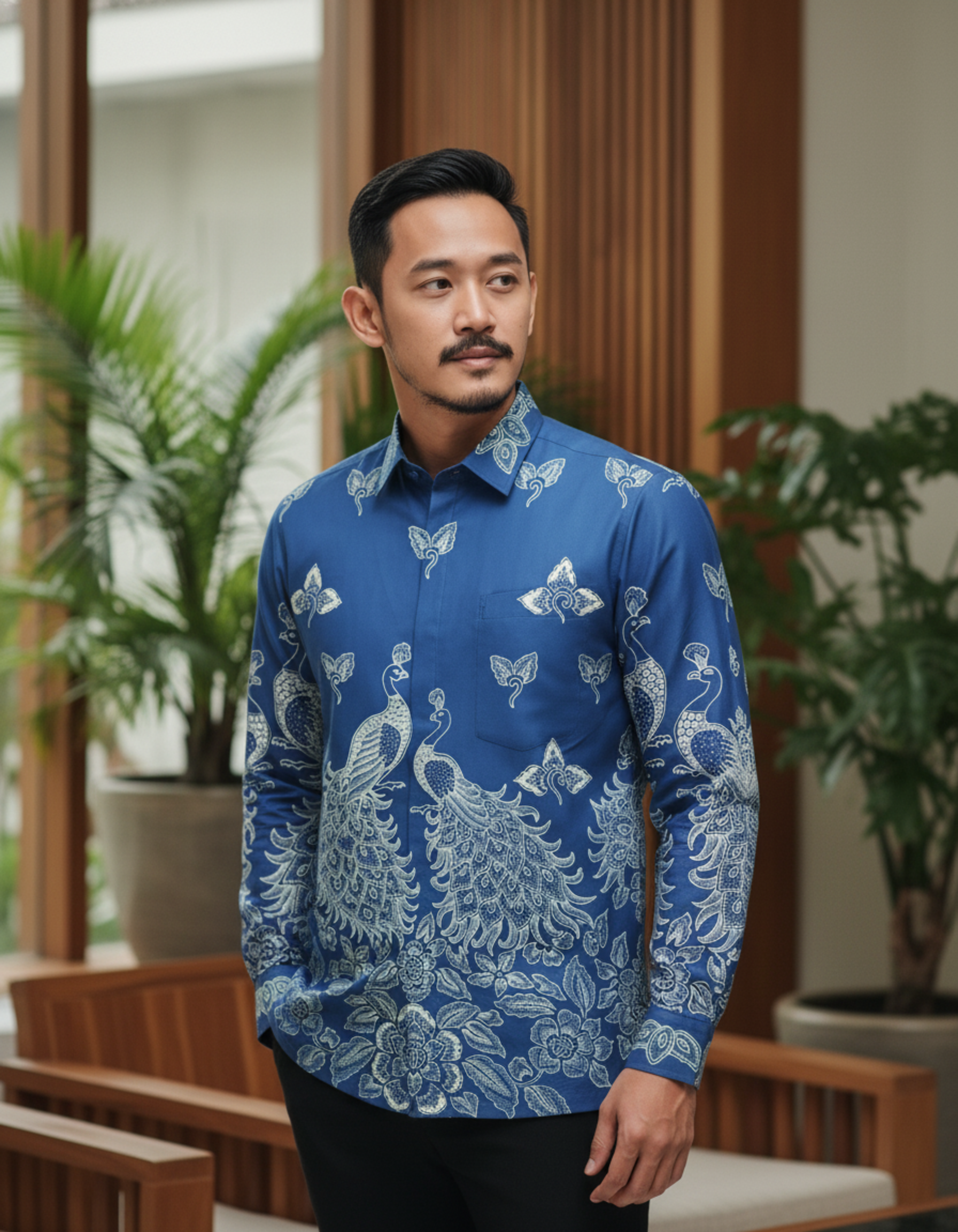 Pola kemeja batik tulis motif sepasang merak biru di atas kain katun sutra, memberi nuansa wibawa dan keindahan.