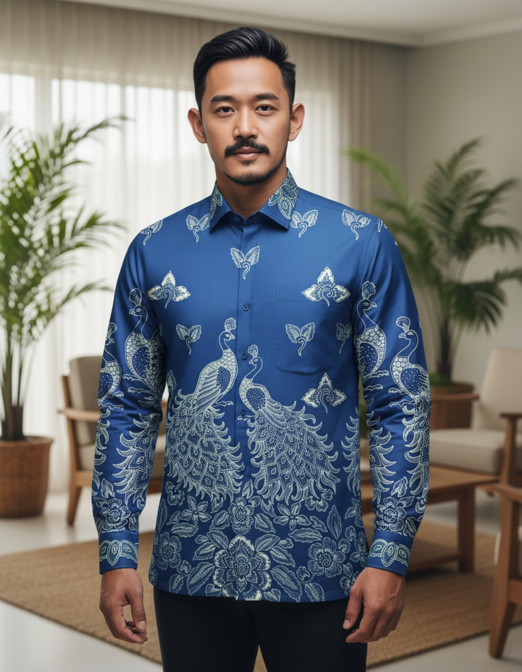 Pola kemeja batik tulis motif sepasang merak biru di atas kain katun sutra, memberi nuansa wibawa dan keindahan.